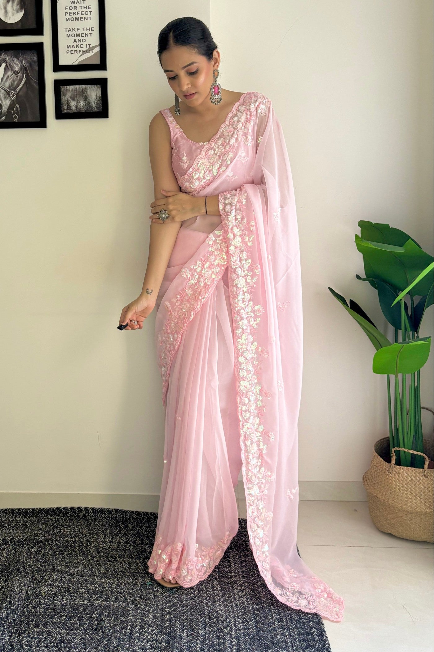 Buy MySilkLove Rose Fog Pink Embroidery Georgette saree Online