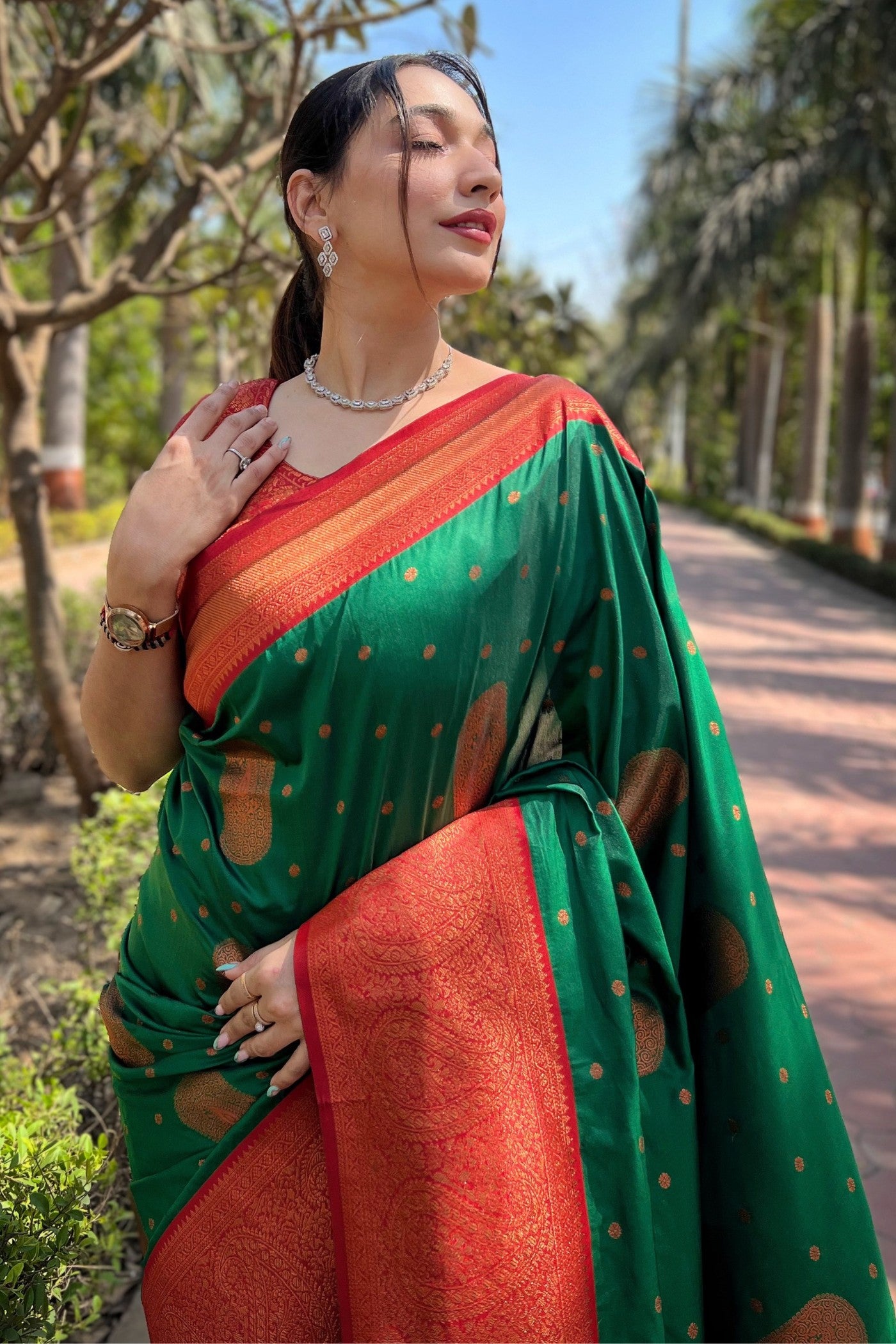 Buy MySilkLove Watercourse Green and Red Zari Woven Banarasi Saree Online