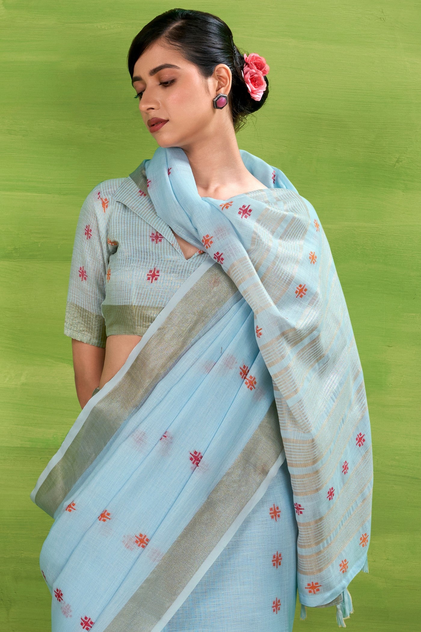 MySilkLove Turquoise Blue Woven Linen Saree