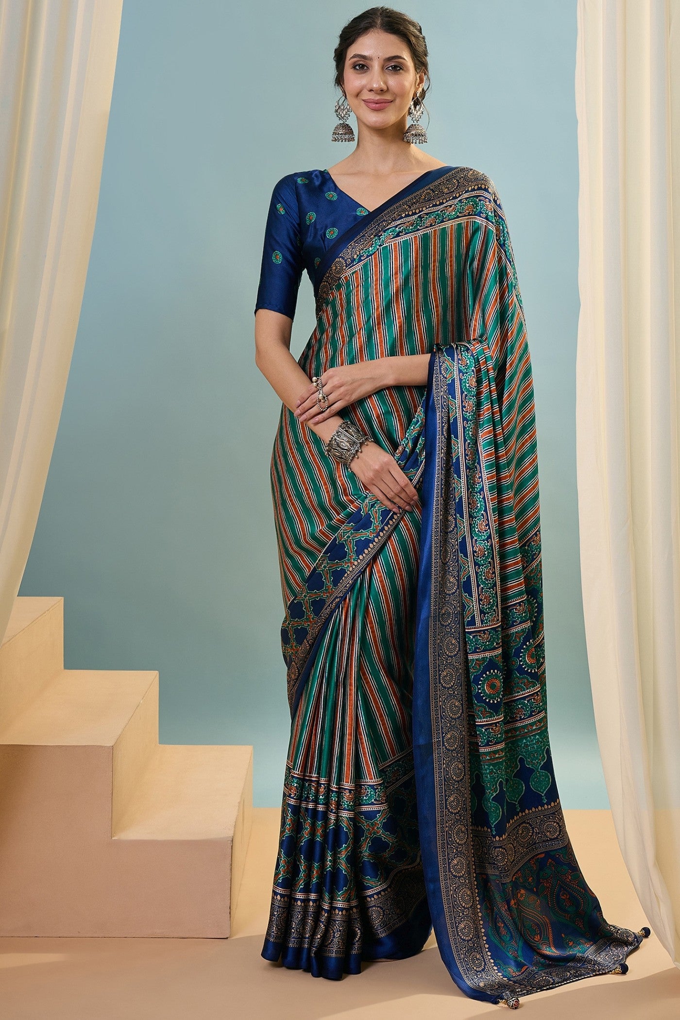 Buy MySilkLove Runic Blue Ajrakh Printed Satin Crepe Silk Saree Online