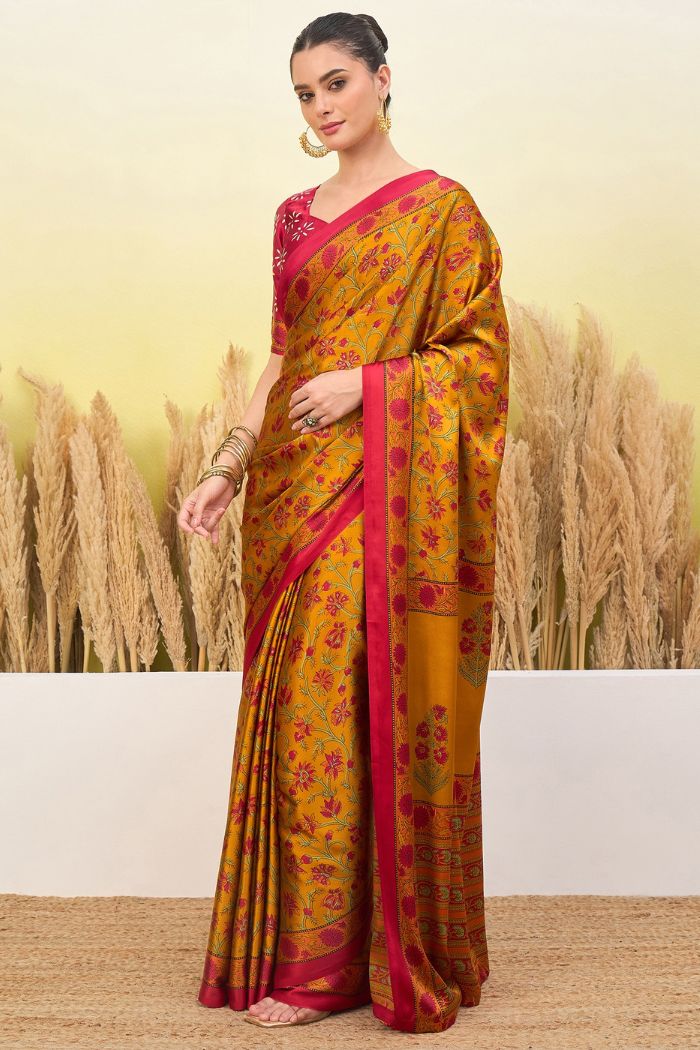 Buy MySilkLove Imperial Yellow Modal Satin Printed Silk Saree Online