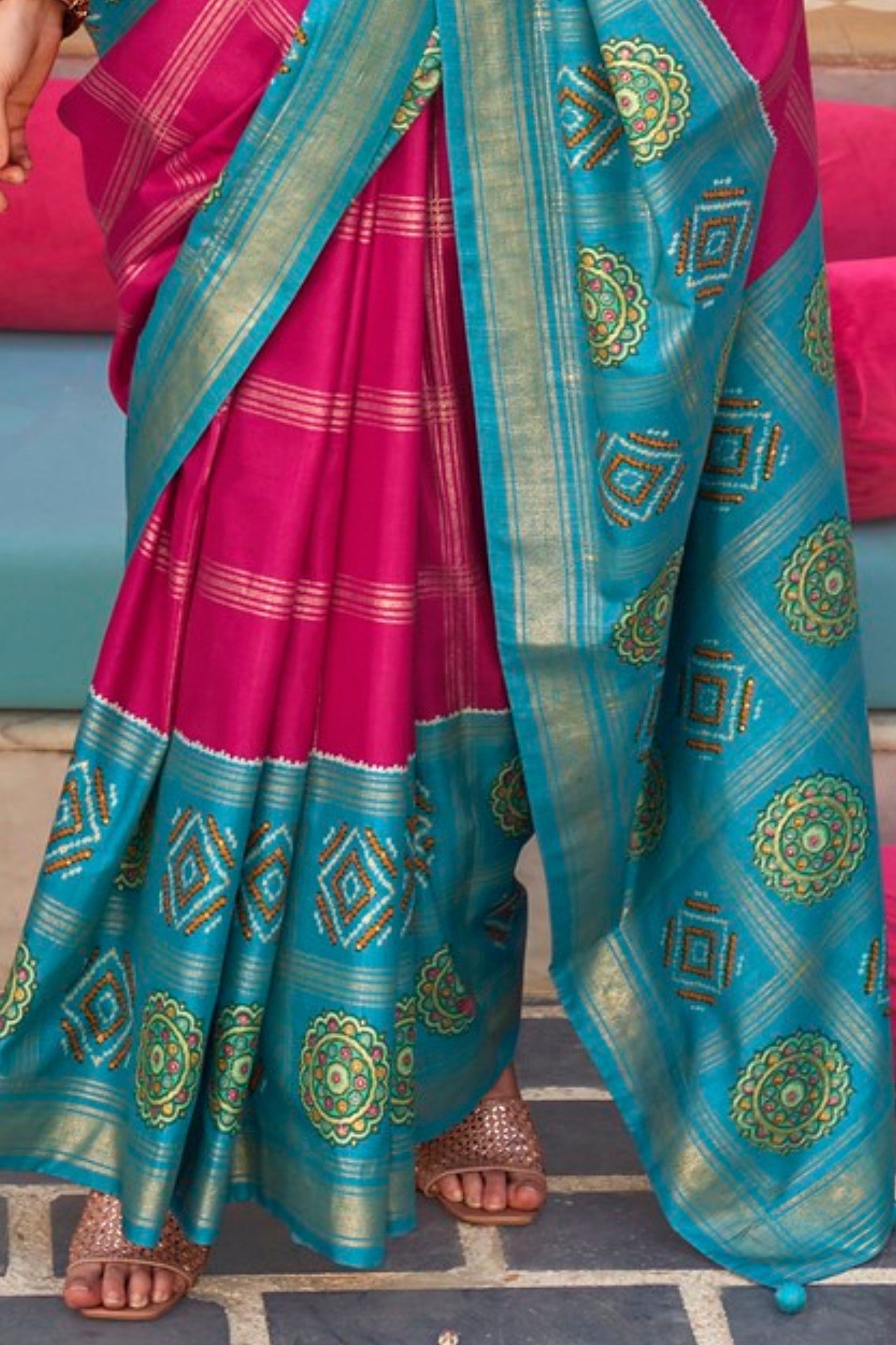 Buy MySilkLove Pink Lotus and Blue Printed Patola Saree Online