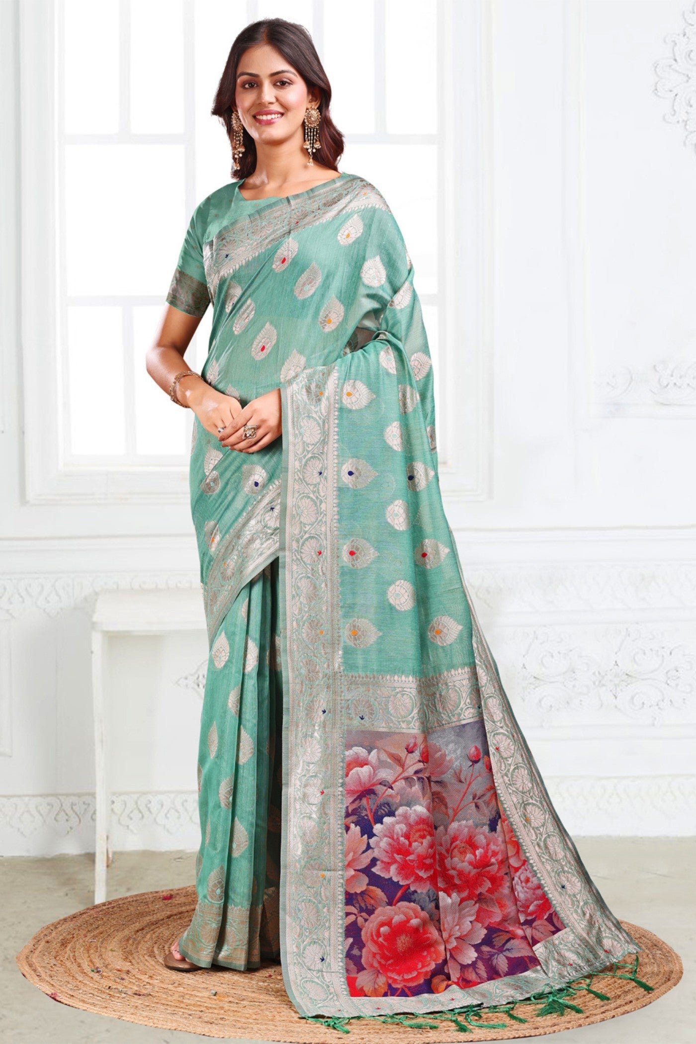 Buy MySilkLove Spring Green Woven Linen Cotton Saree Online