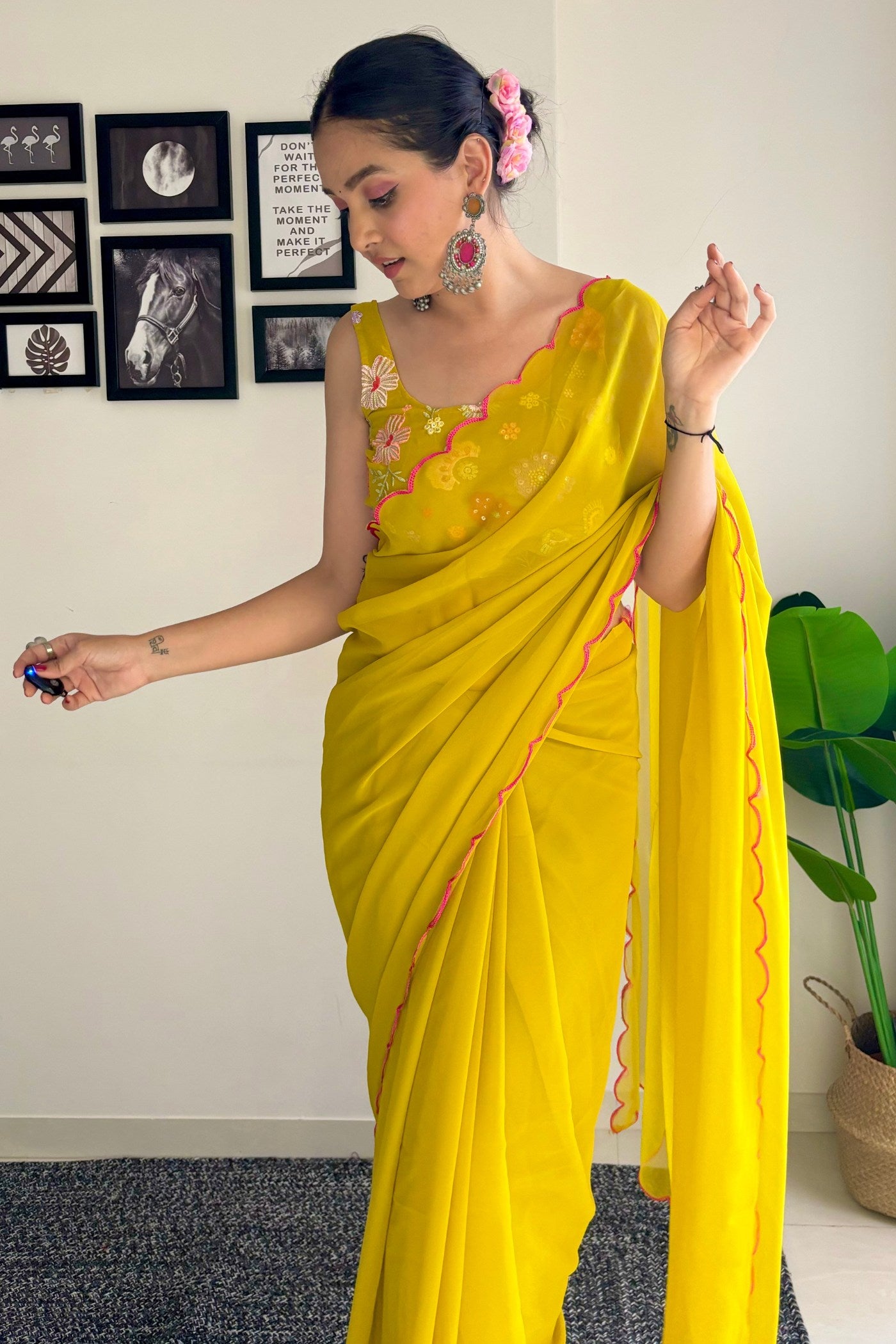 Buy MySilkLove Moccasin Yellow Gerogette Saree Online