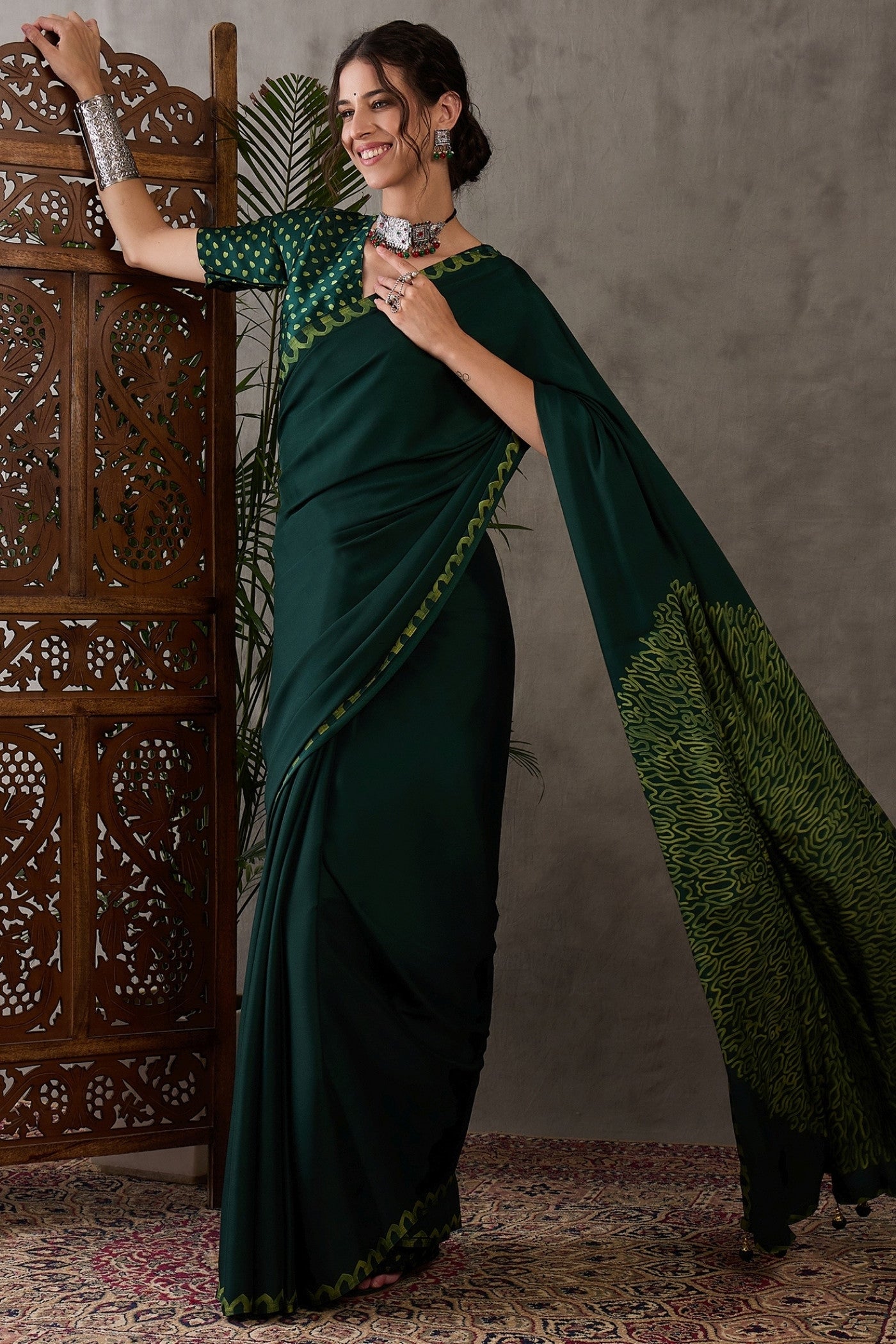 Buy MySilkLove Dark Leaf Green Printed Satin Gaji Silk Saree Online
