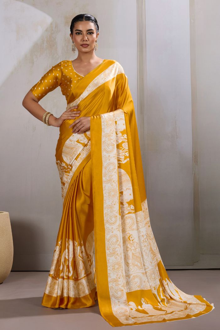 Buy MySilkLove Saffron Yellow Modal Ajrakh Printed Satin Silk Saree Online