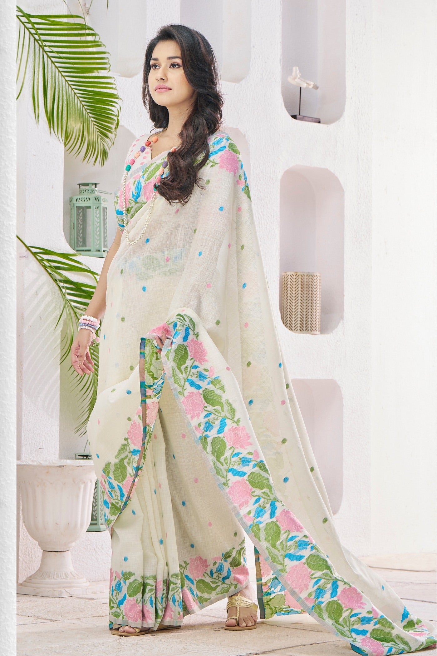 Buy MySilkLove Sisal White Printed Linen Saree Online