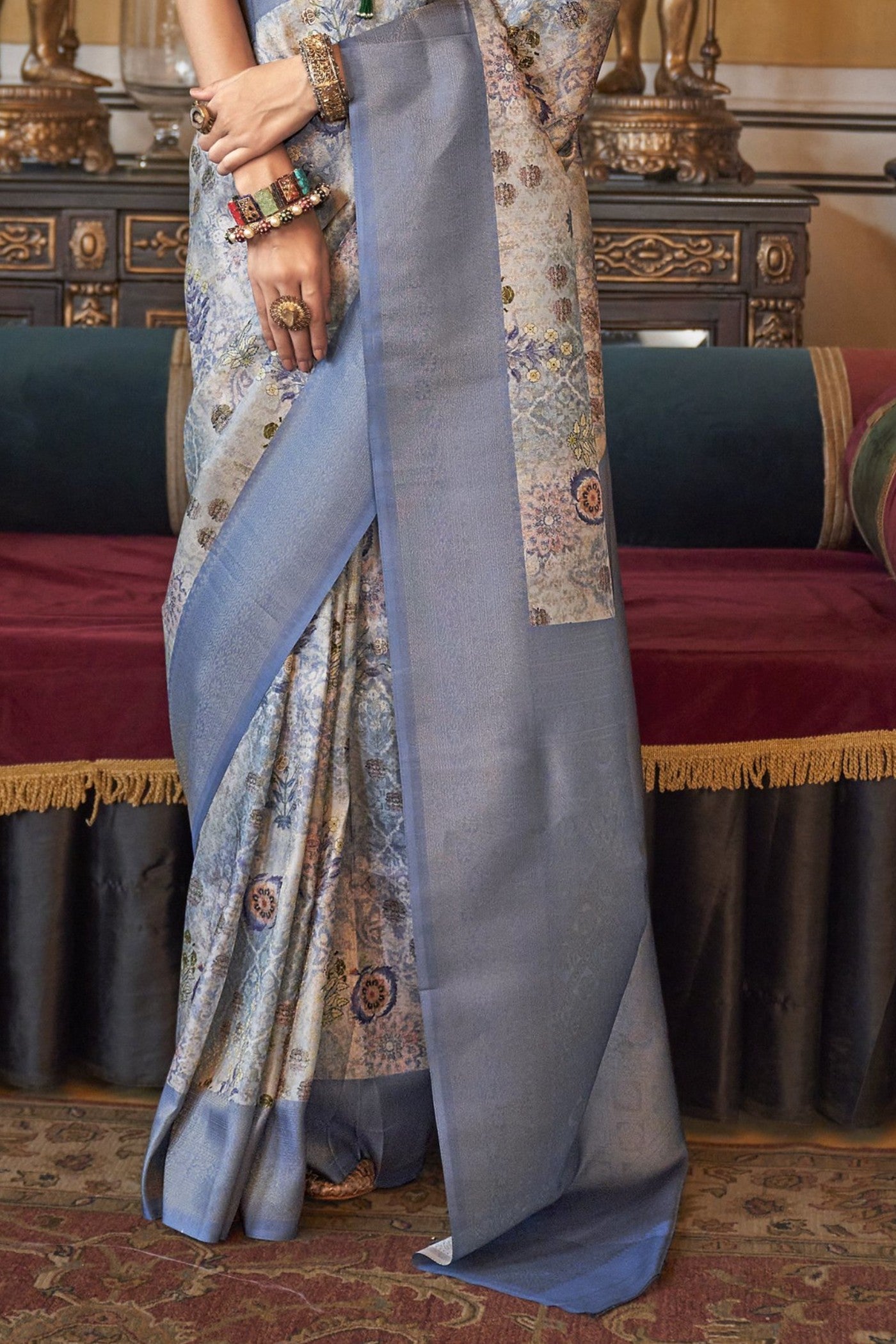 Buy MySilkLove Pewter Blue Tussar Banarasi Digital Printed Saree Online