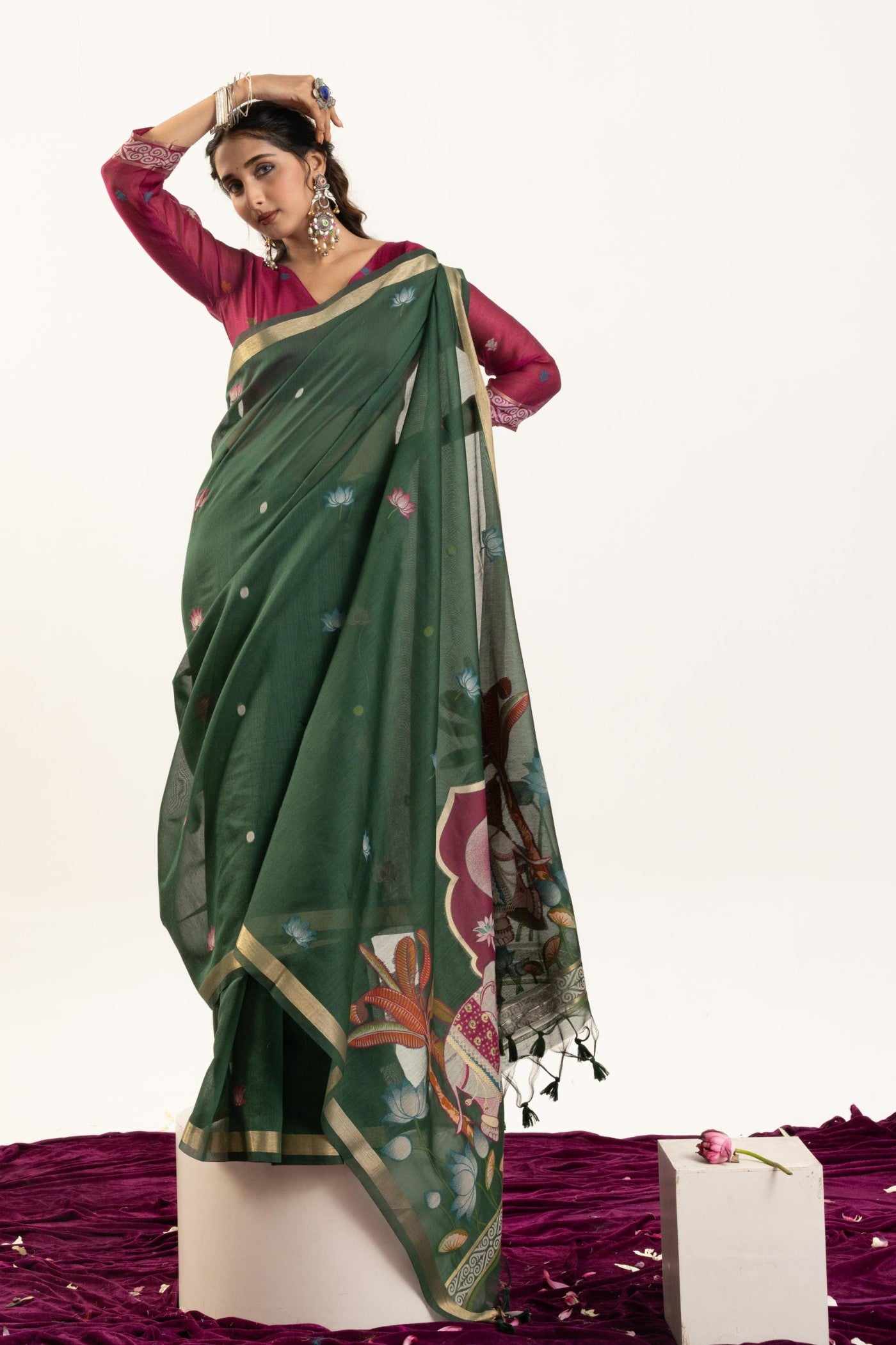 Buy MySilkLove Bottle Green Woven Soft Muga Cotton Saree Online