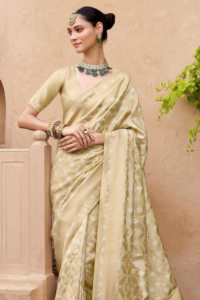 Buy MySilkLove Almond Cream Woven Banarasi Saree Online