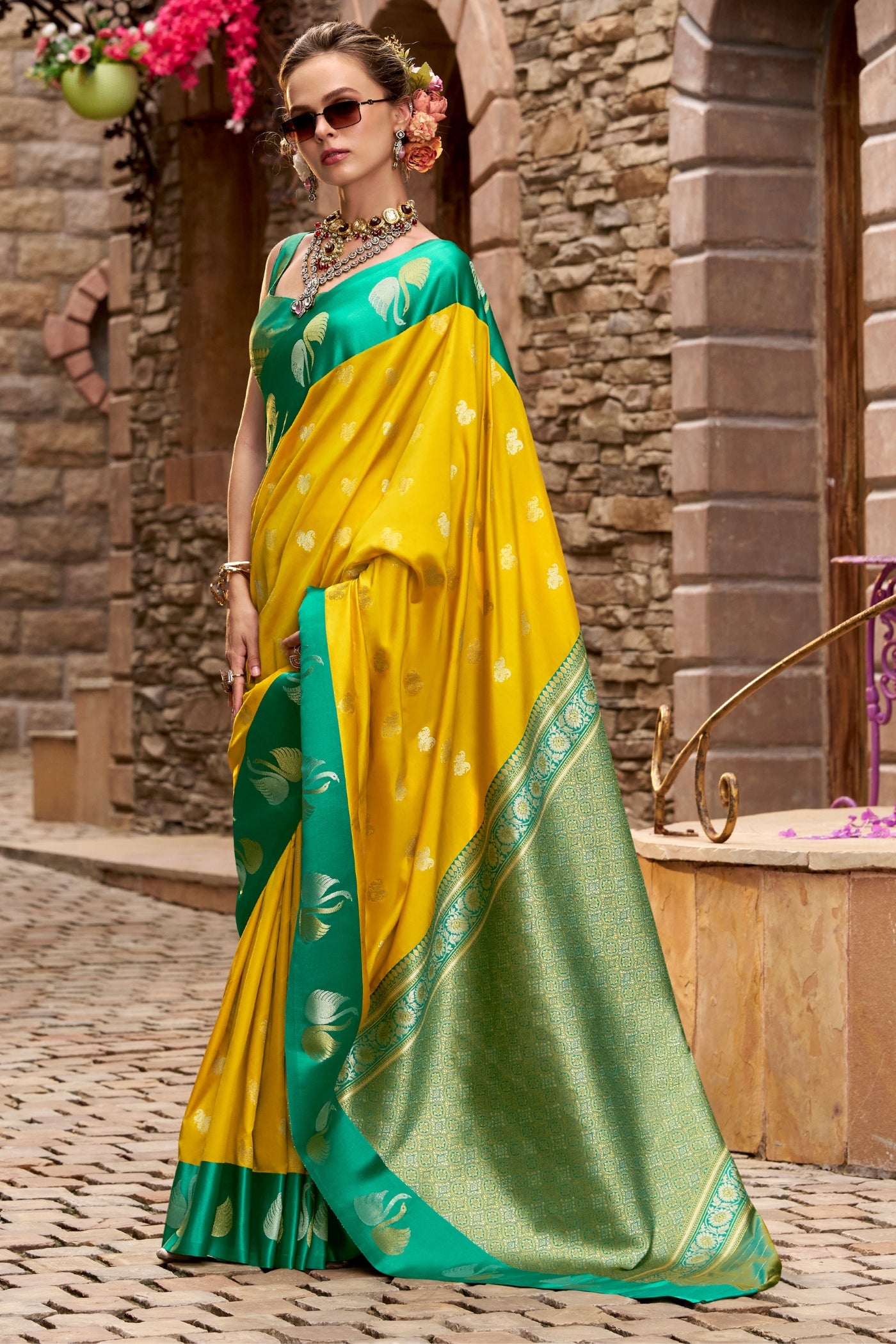 Buy MySilkLove Sunrise Yellow Woven Satin Soft Silk Saree Online