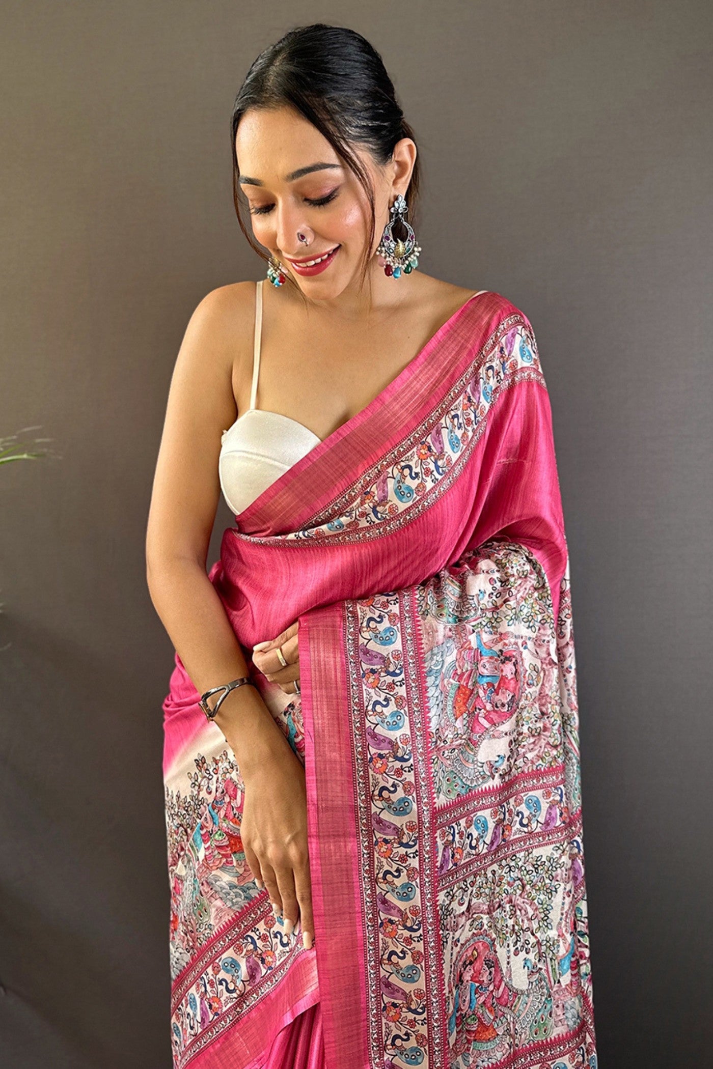 Buy MySilkLove Mystic Pearl Pink Madhubani Printed Tussar Silk Saree Online