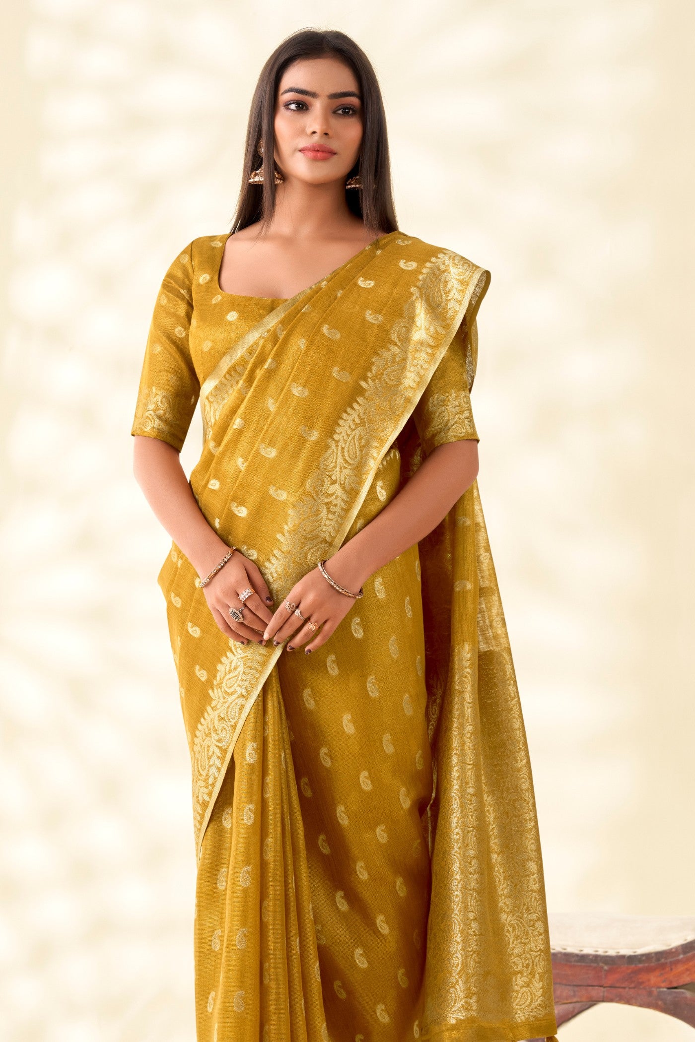 Buy MySilkLove Mustard Yellow Woven Tissue Linen Saree Online