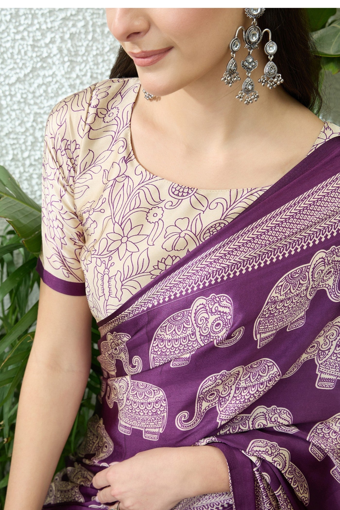 Buy MySilkLove Thistle Purple Ajrakh Printed Satin Crepe Silk Saree Online