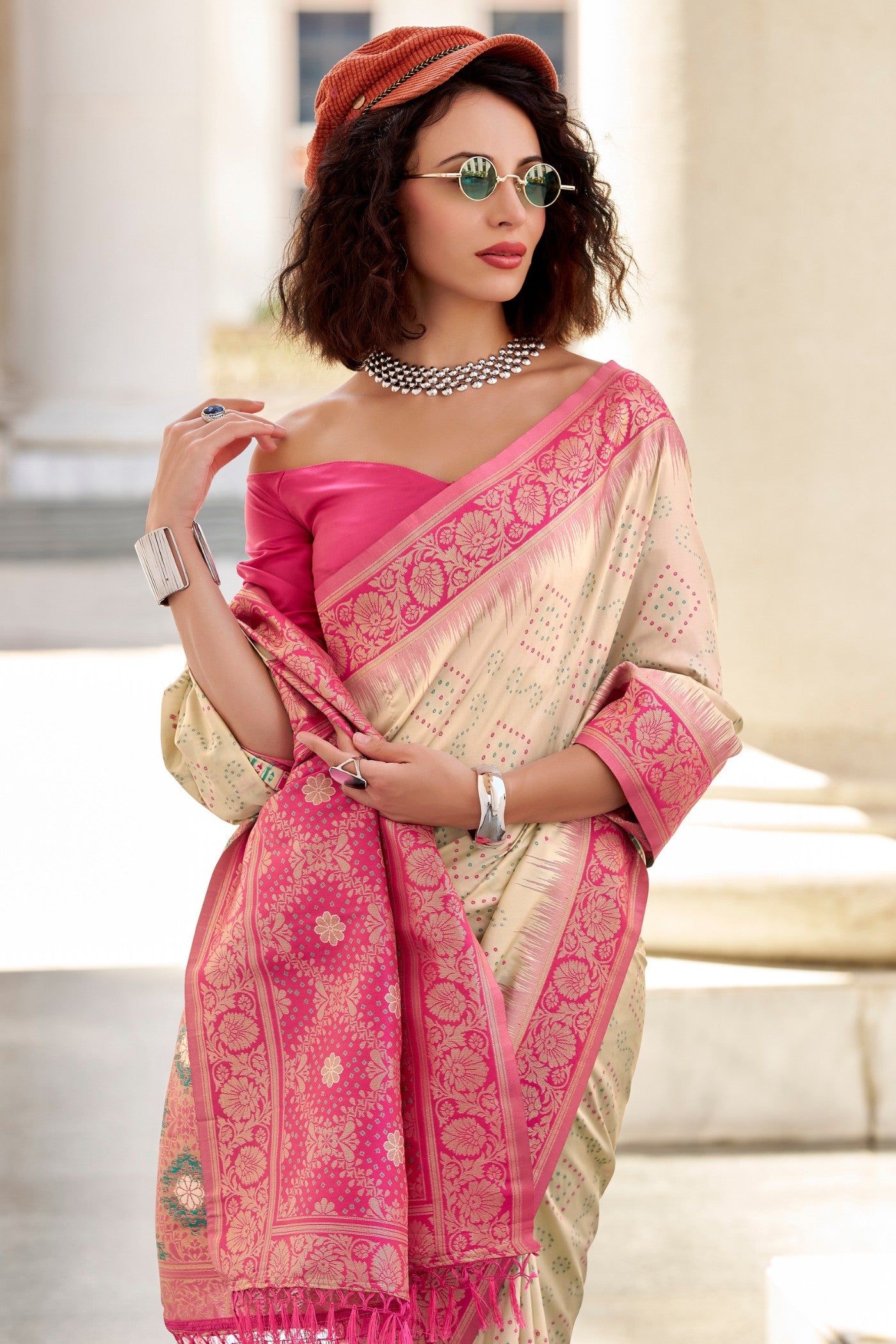 Buy MySilkLove Grain Cream Woven Banarasi Bandhani Soft Silk Saree Online