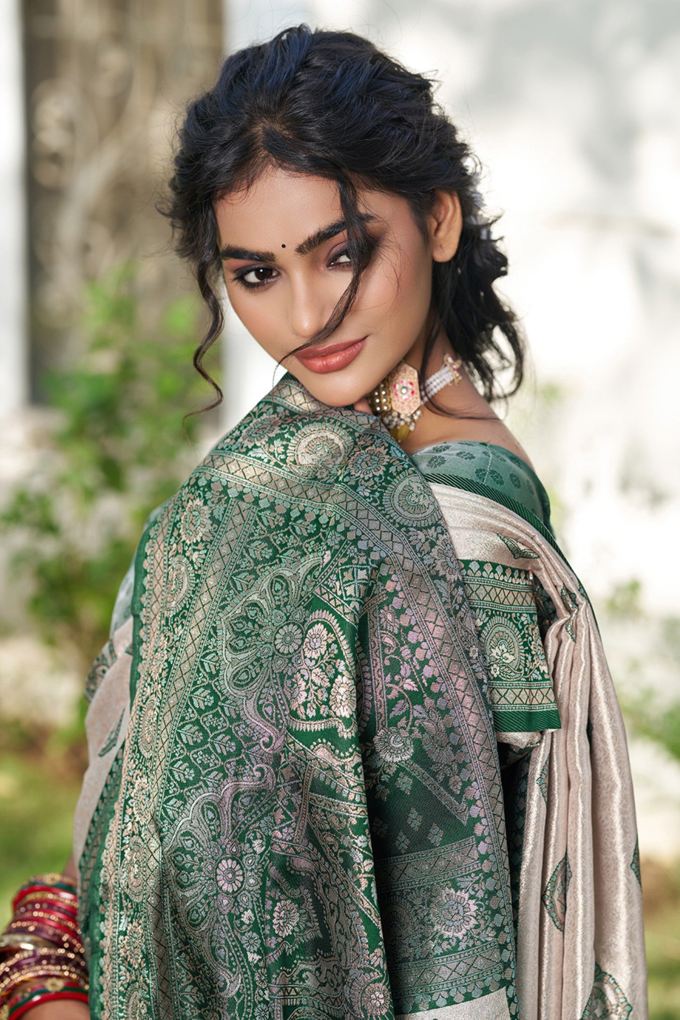 MySilkLove Ivory Cream and Green Woven Banarasi Saree