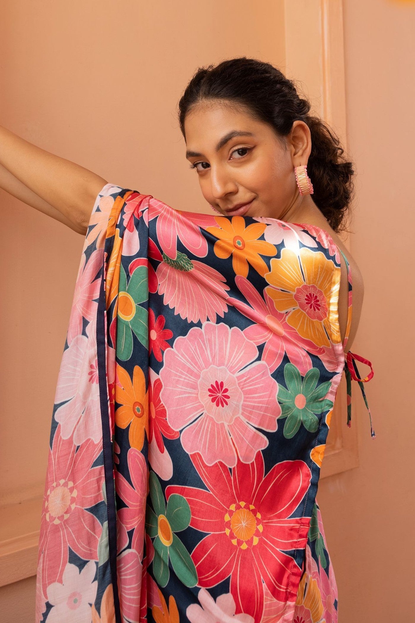 MySilkLove Strawberry Pink Floral Printed Satin Silk Saree