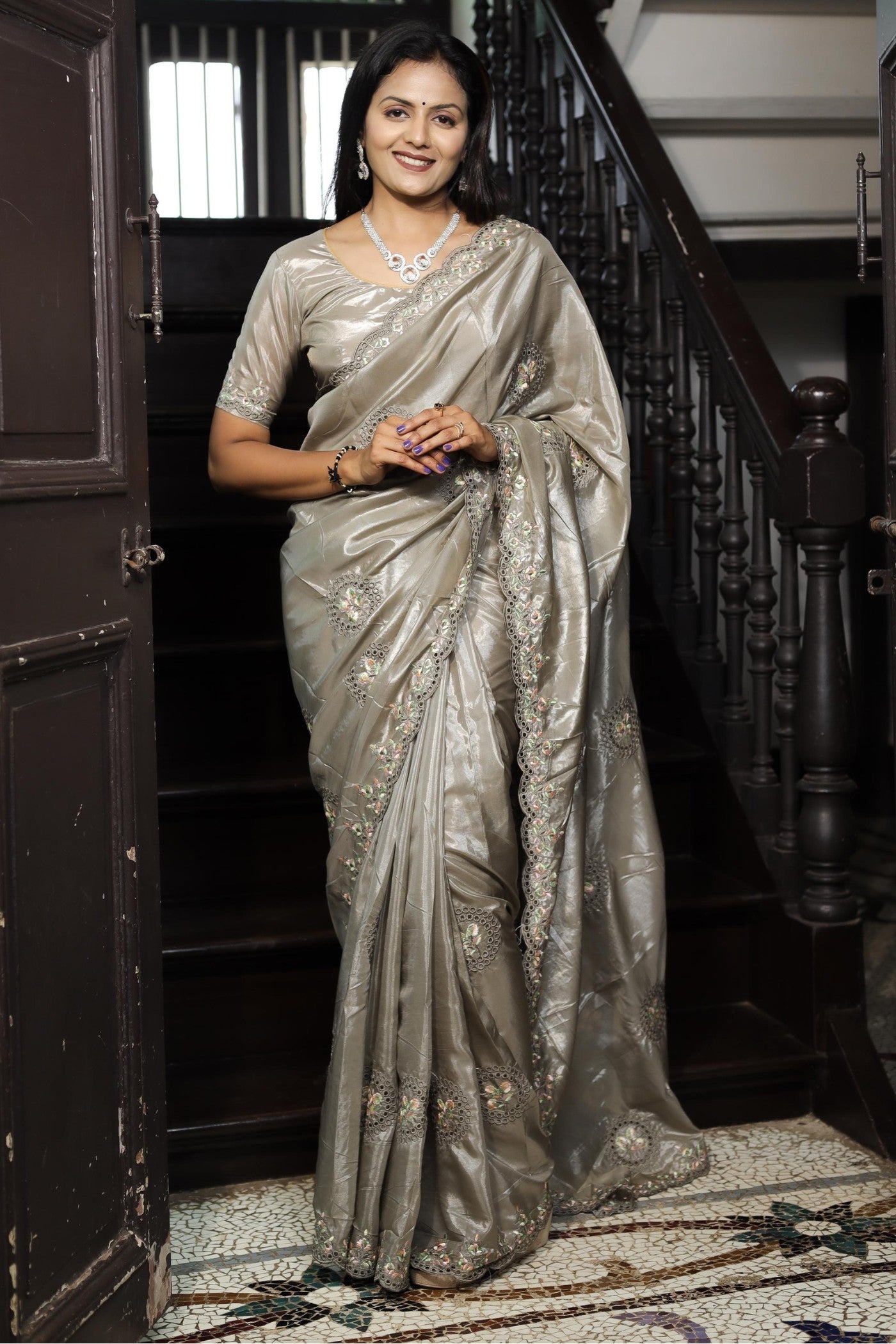 Buy MySilkLove Silver Grey Embroidered Designer Saree Online