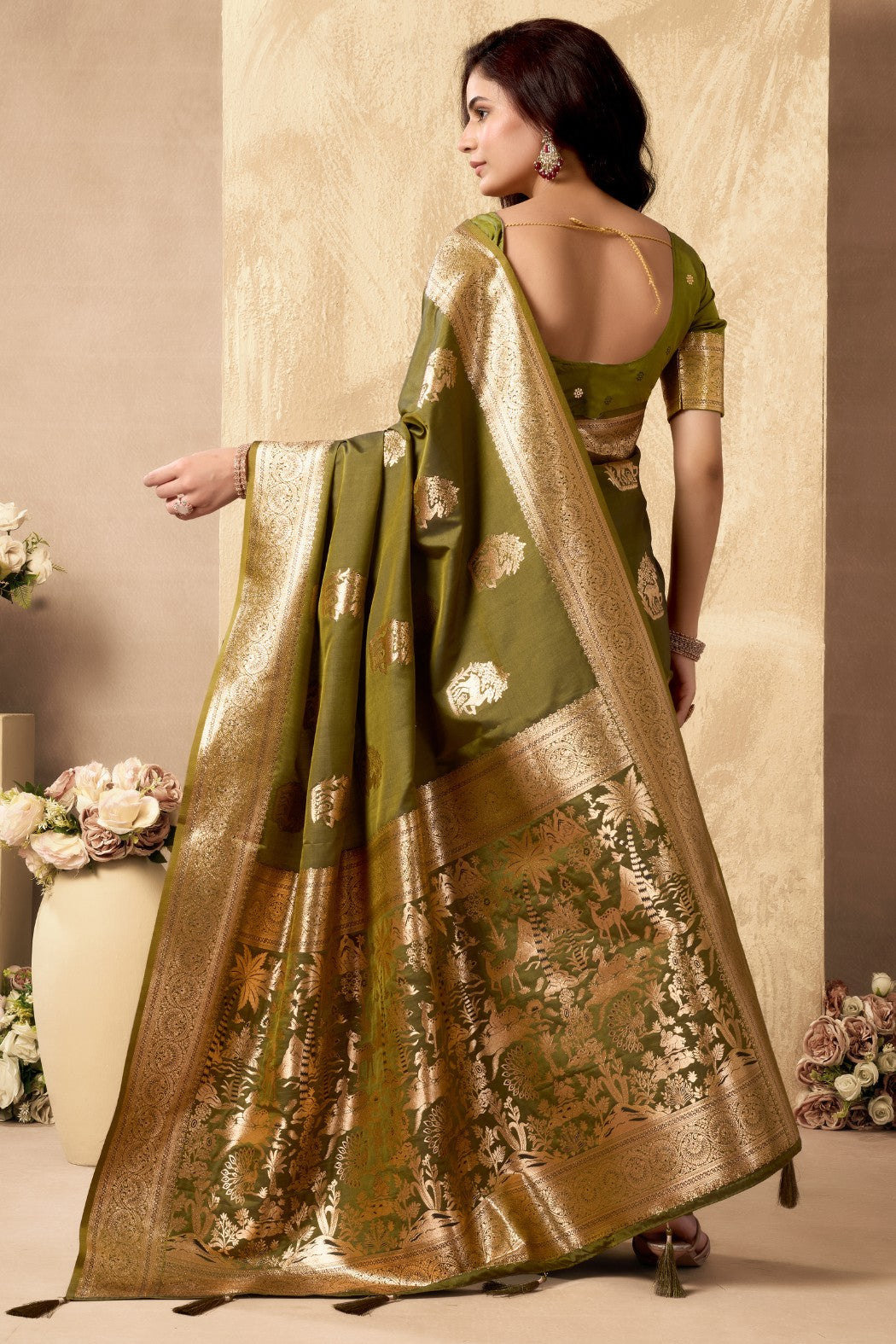 Buy MySilkLove olive Green Woven Banarasi Soft Silk Saree Online