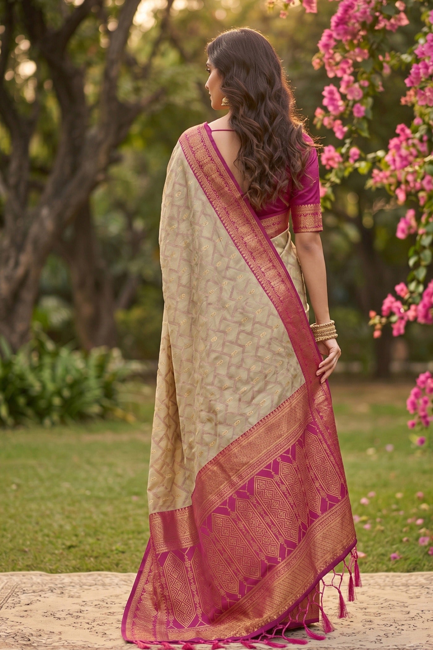 Buy MySilkLove Desert Cream and Pink Woven Banarasi Cotton Saree Online