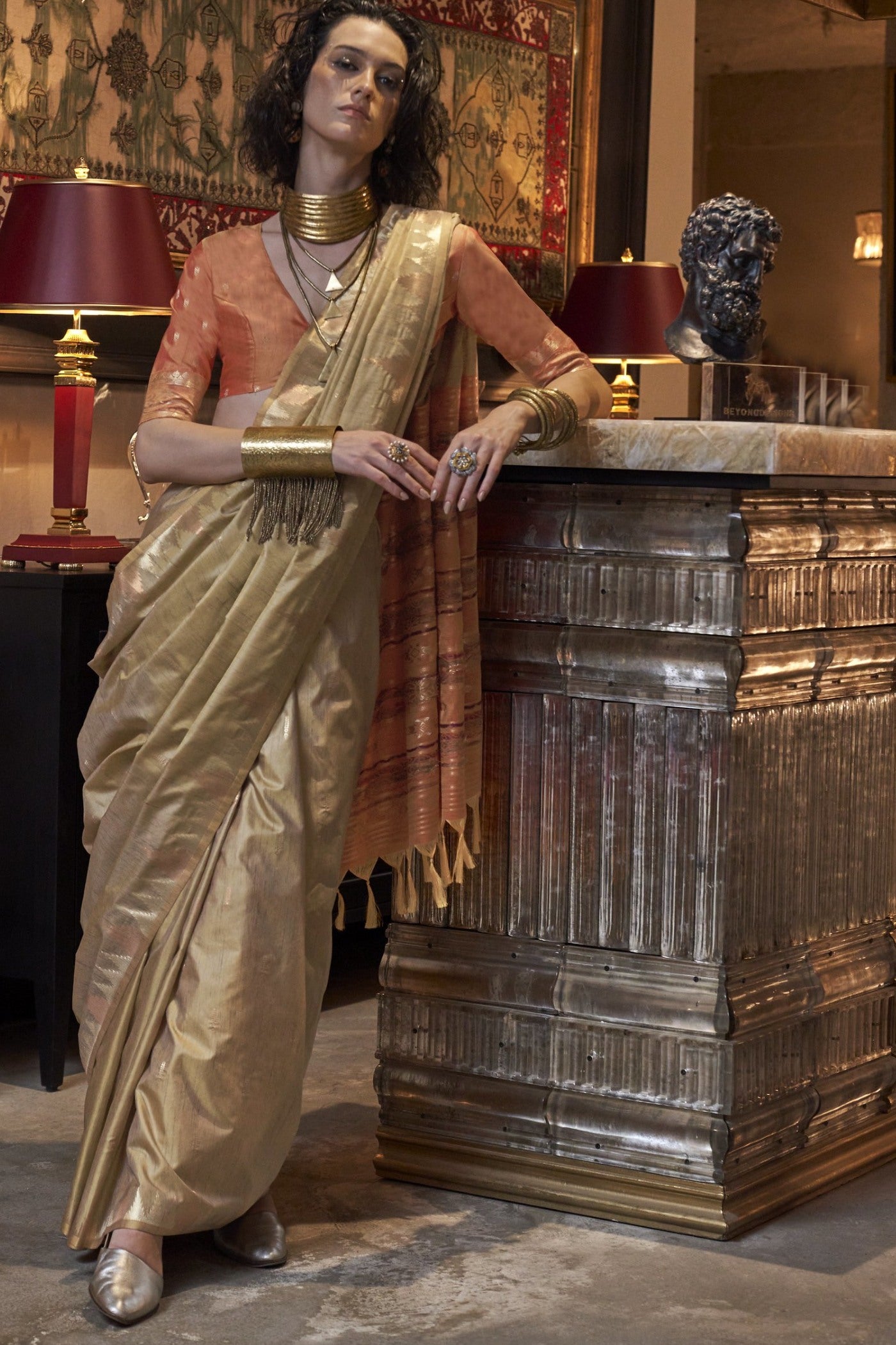 Buy MySilkLove Dusty Brown Woven Linen Saree Online