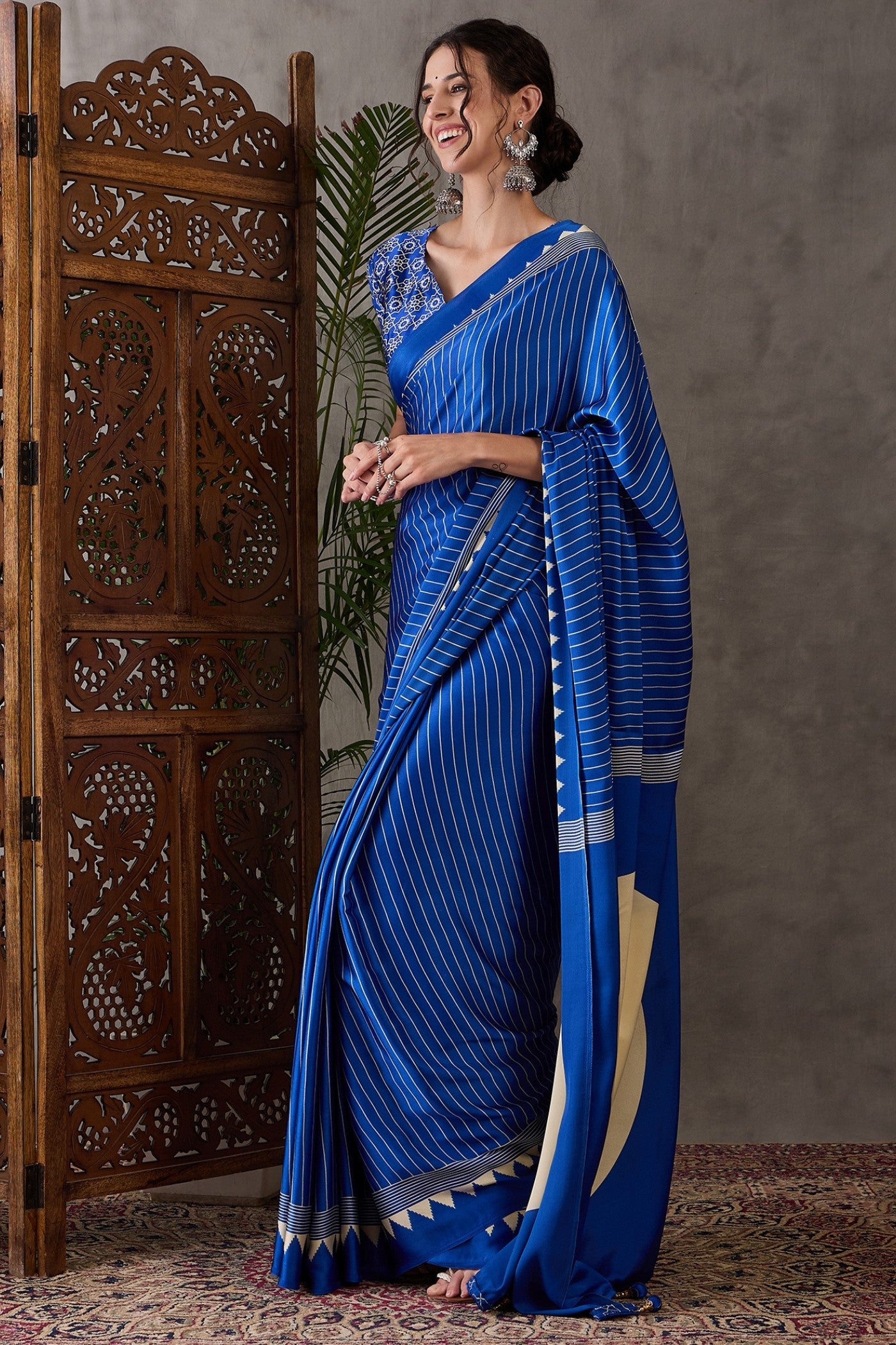 Buy MySilkLove Bondi Blue Printed Satin Gaji Silk Saree Online