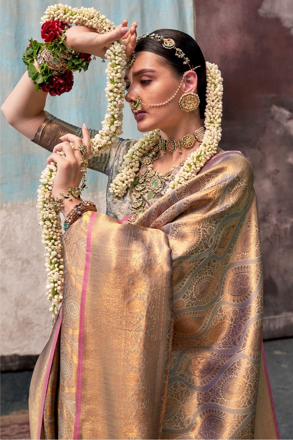 Buy MySilkLove Tanchoi Golden and Cream Two Tone Kanjivaram Handloom Saree Online