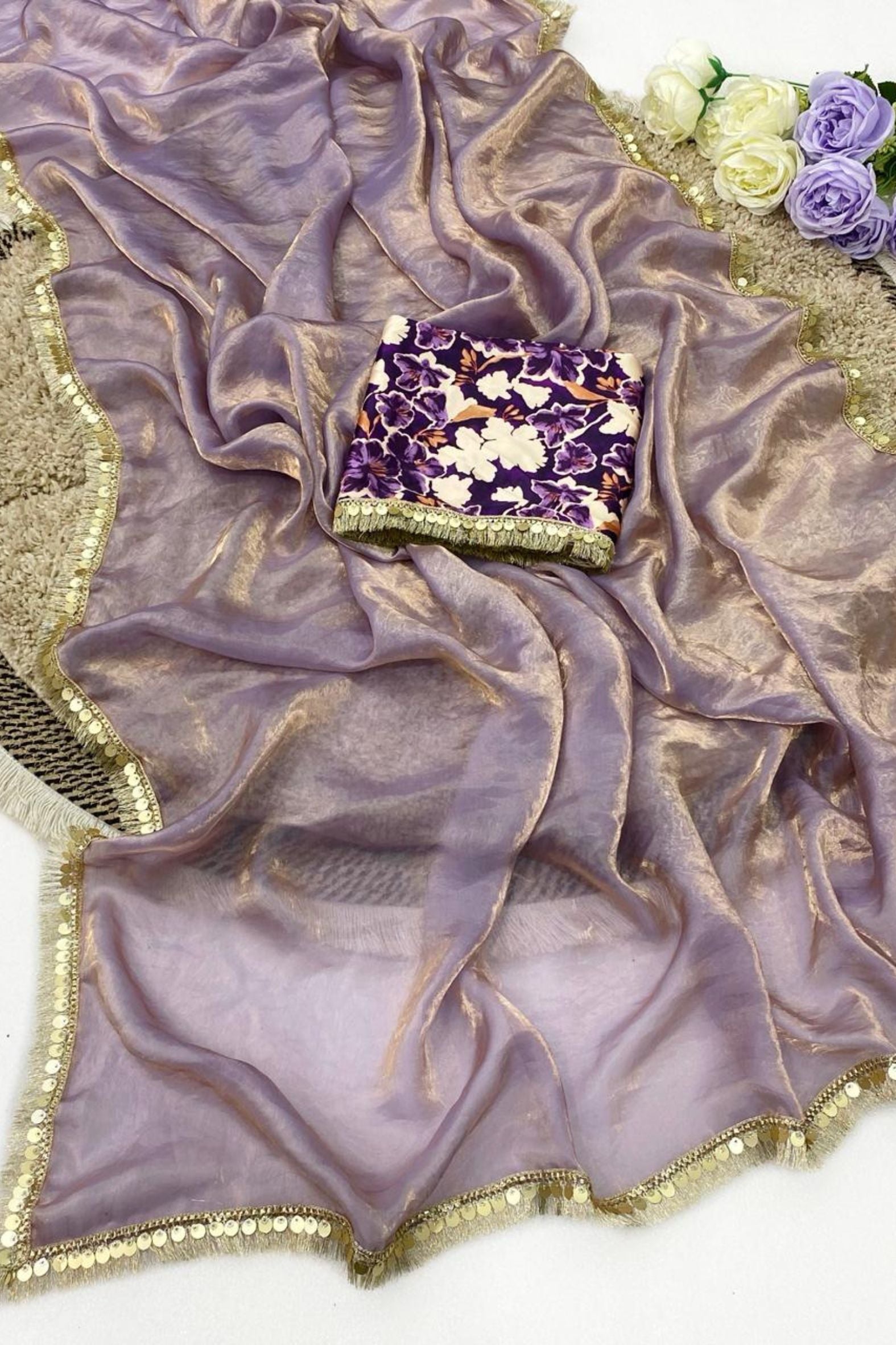Buy MySilkLove Alabaster White Fancy Tissue Lace Saree With Printed Blouse Online