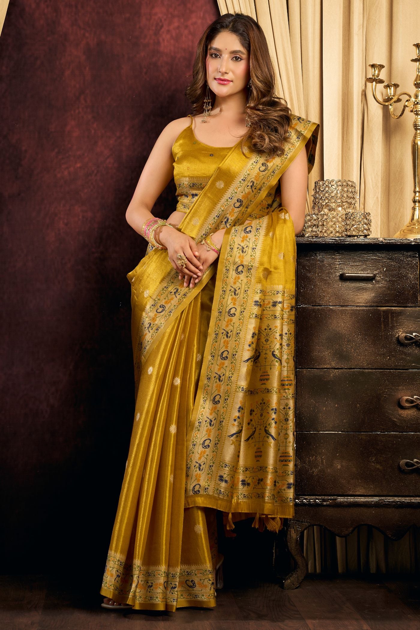 Buy MySilkLove Golden Yellow Woven Tissue Paithani Saree Online