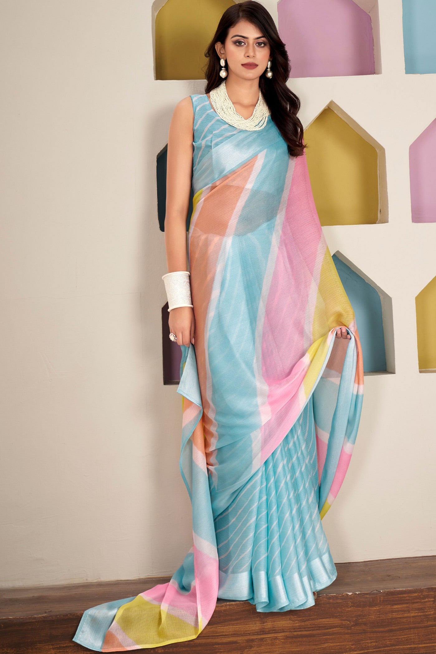 Buy MySilkLove Whale Blue Printed Satin Silk Saree Online