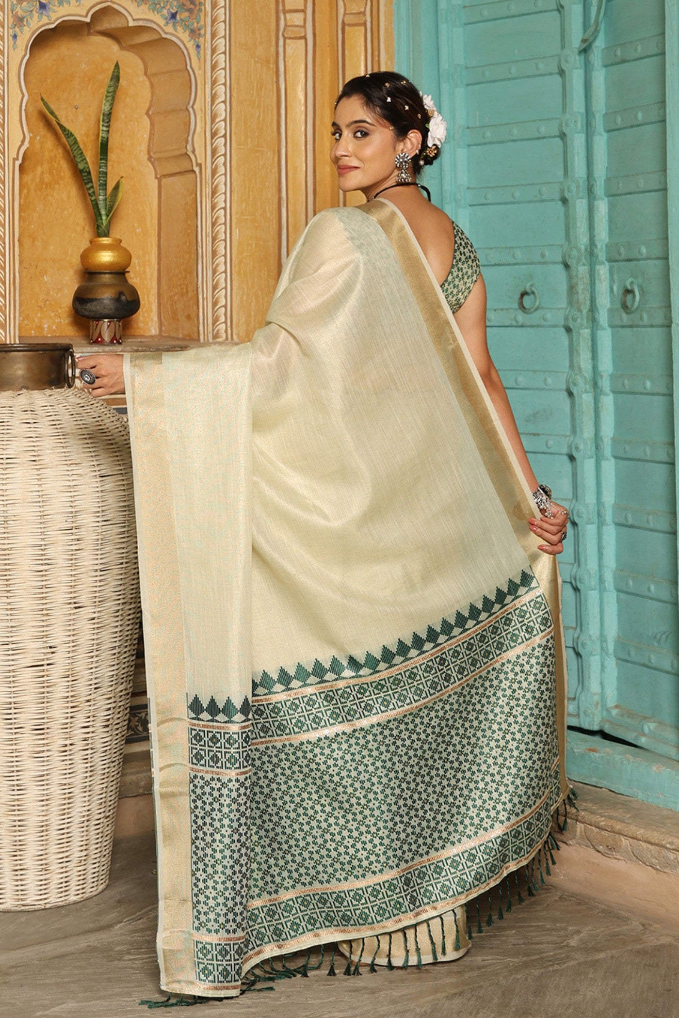 Buy MySilkLove Ghost White and Green Woven Linen Saree Online