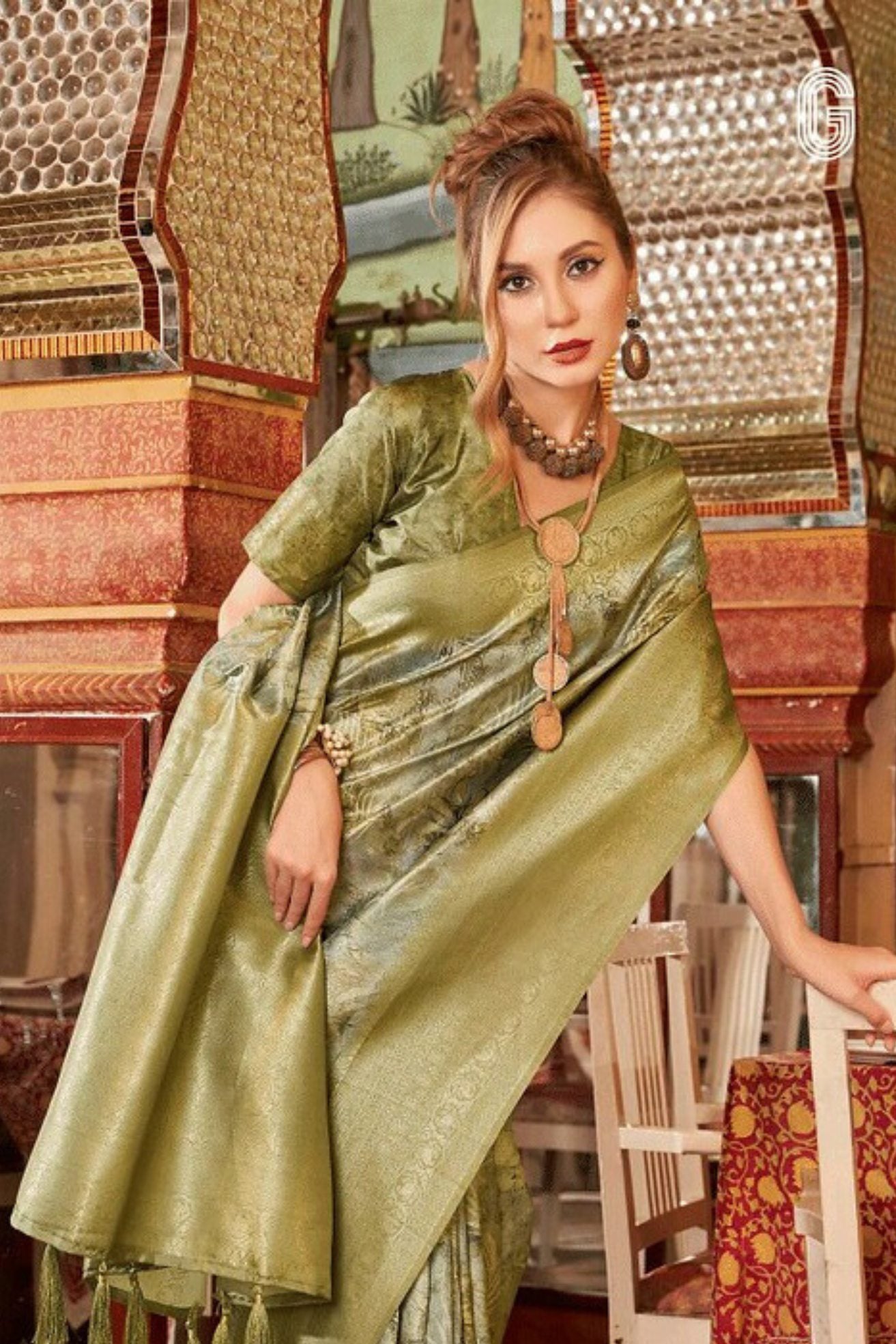 Buy MySilkLove Costa Del Sol Green Banarasi Digital Printed Saree Online