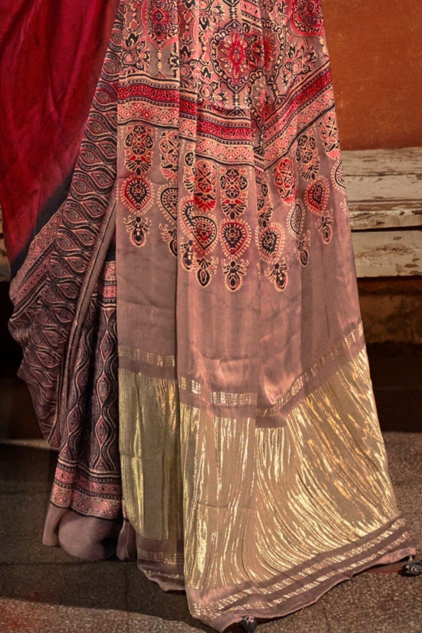 Buy MySilkLove Dark Red Ajrakh Handprinted Satin Saree Online