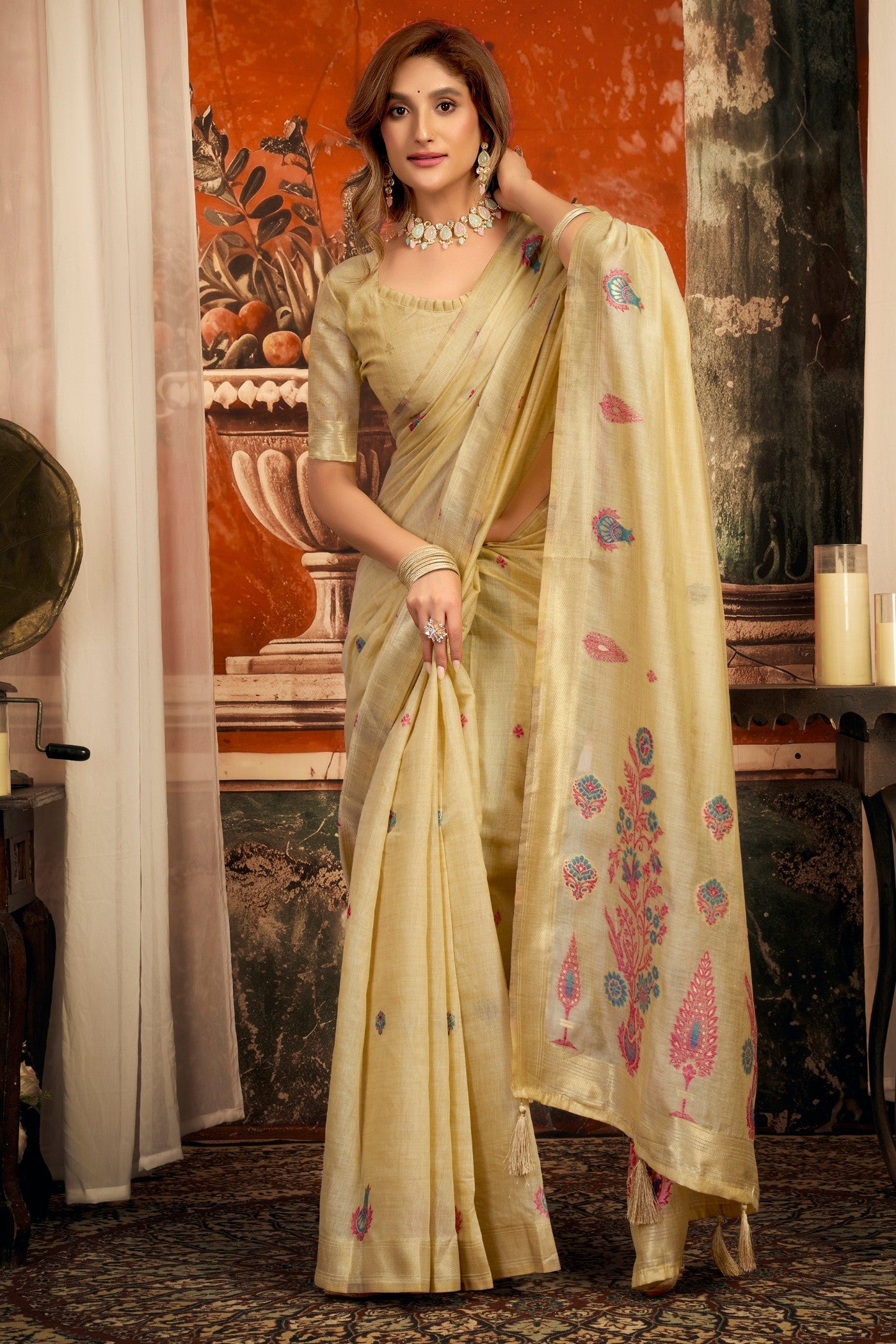 Buy MySilkLove Fluffy Butter Cream Handloom Cotton Saree Online