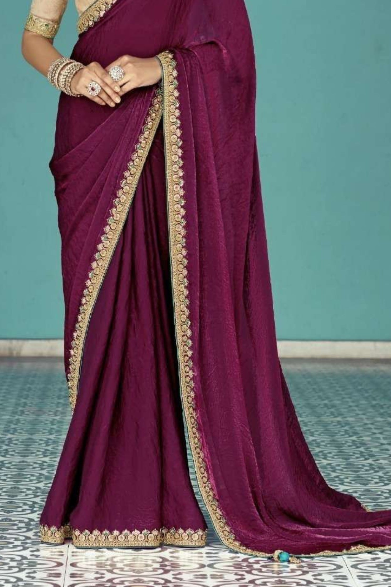 Buy MySilkLove Wine Maroon Embroidered Tissue Designer Saree Online