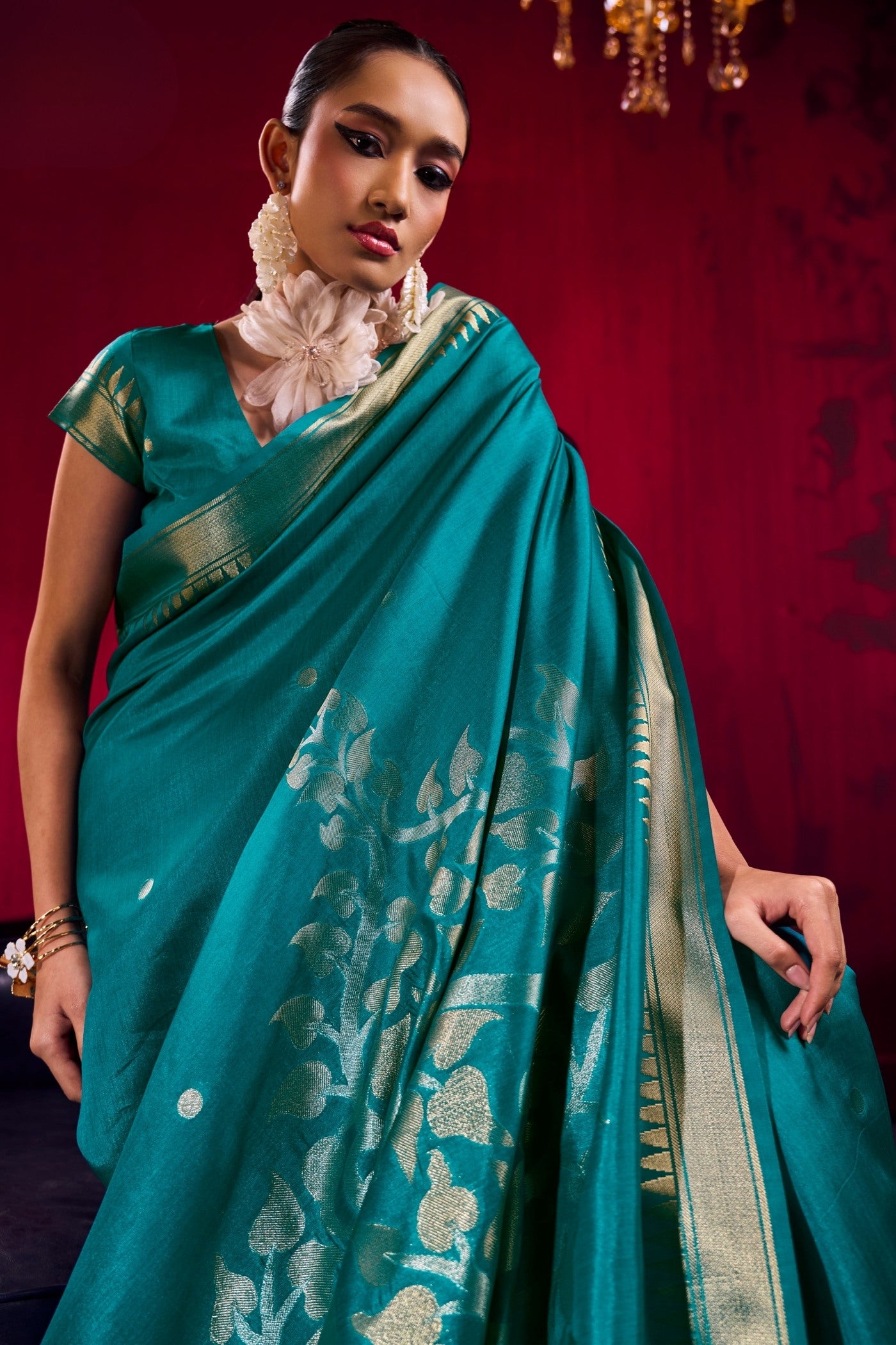 Buy MySilkLove Glaucous Blue Handloom Satin Linen Silk Saree Online