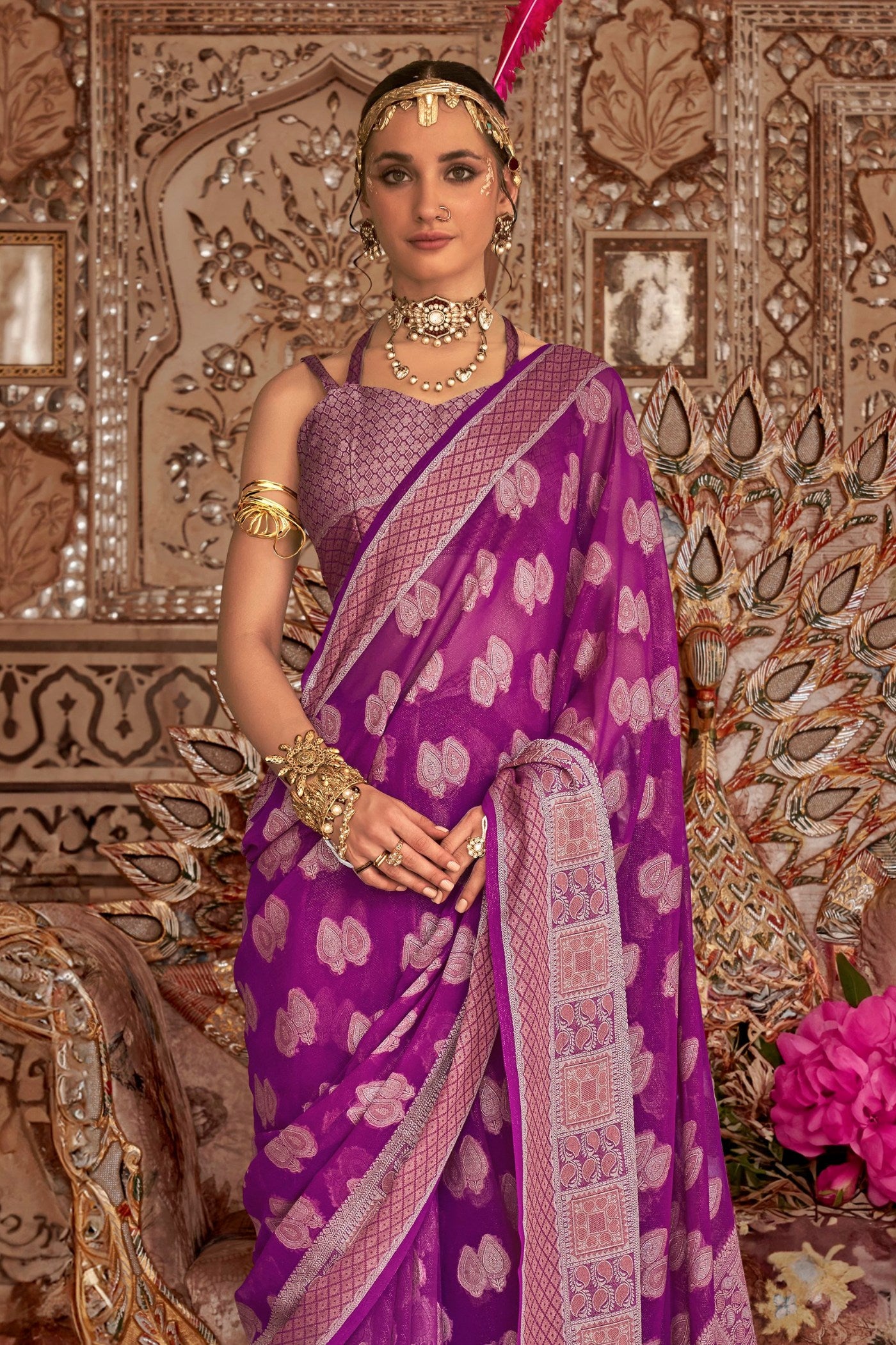 Buy MySilkLove Lolipop Purple Zari Woven Georgette Saree Online