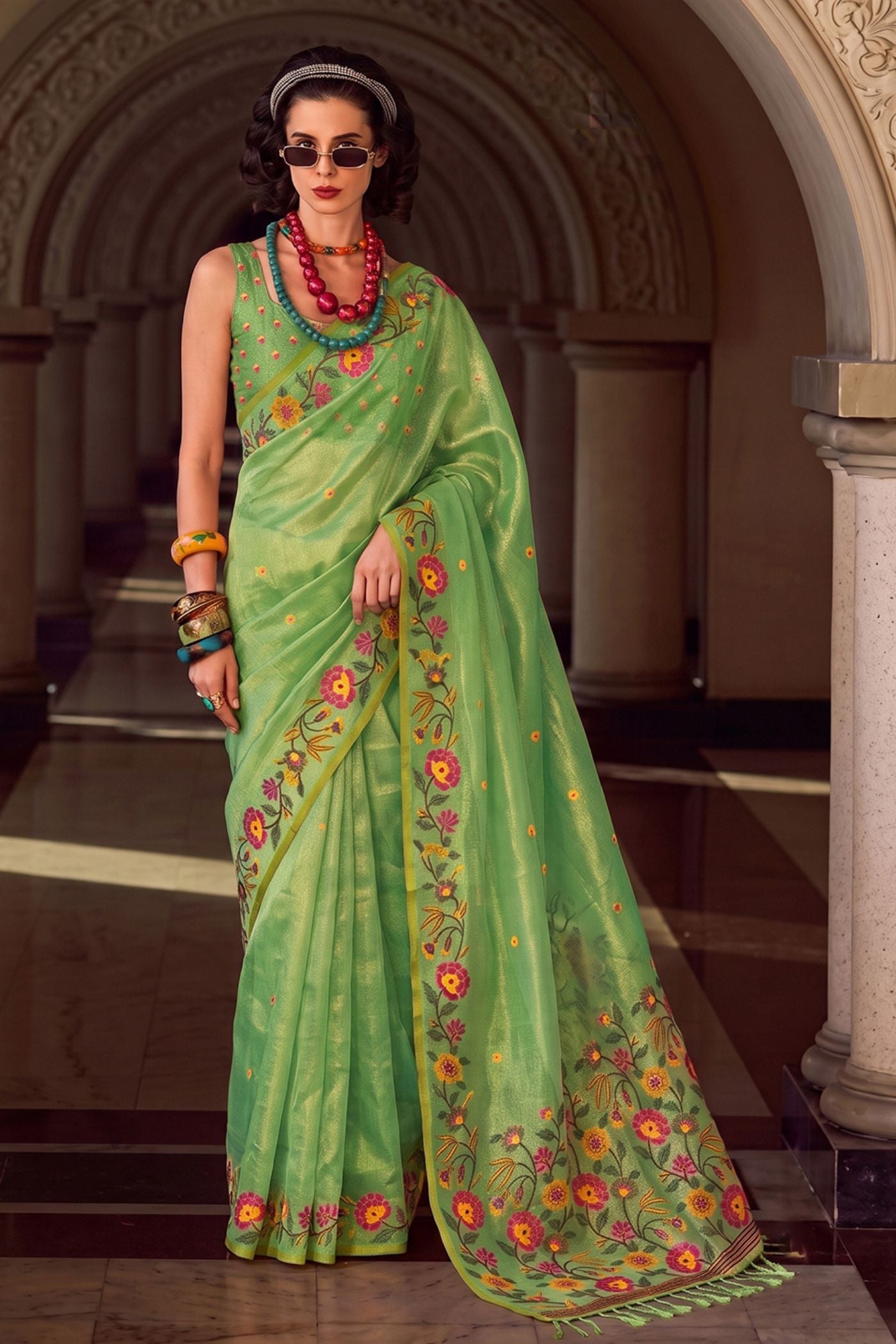Buy MySilkLove Pista Green Woven Floral Tissue Saree Online