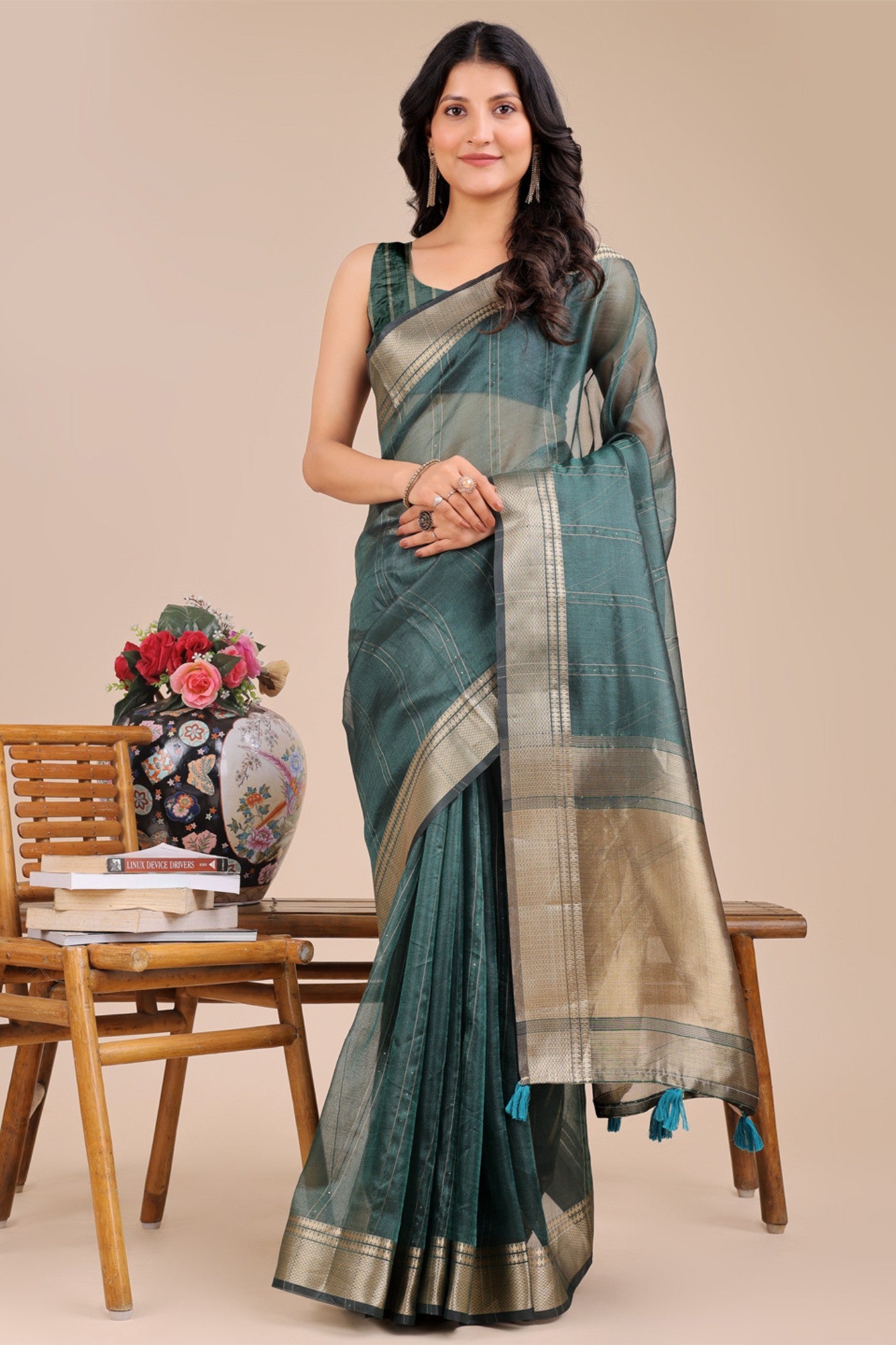 Buy MySilkLove Sea Green Woven Organza Saree Online