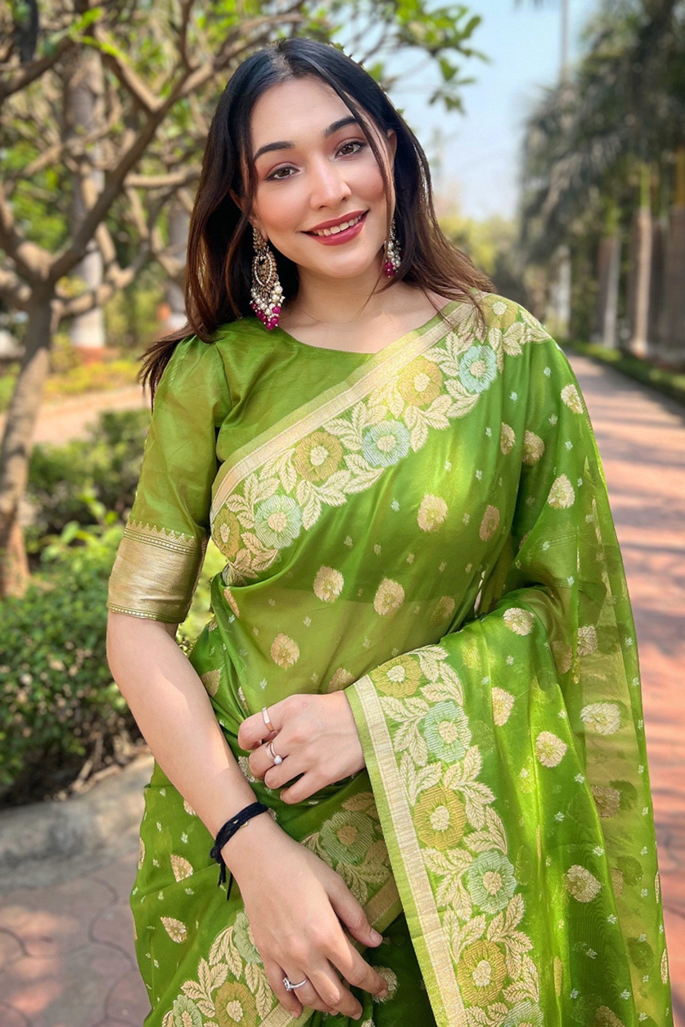 MySilkLove Wasabi Green Zari Woven Organza Saree