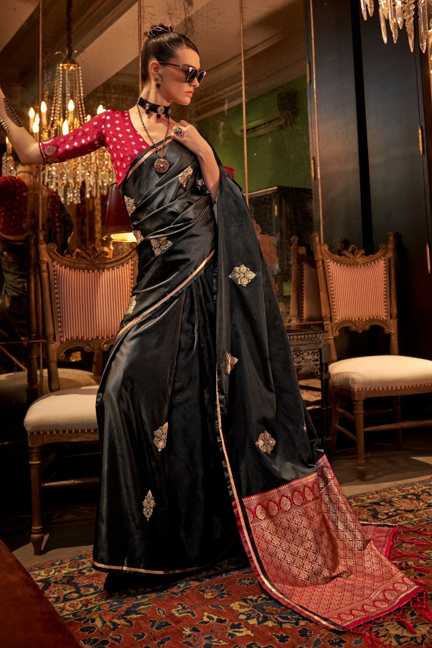 Buy MySilkLove Rangoon Black Banarasi Satin Saree Online