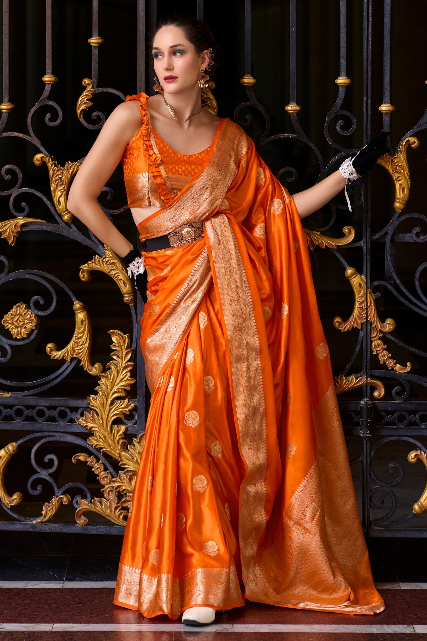 Buy MySilkLove Tia Maria Orange Handloom Satin Banarasi Saree Online