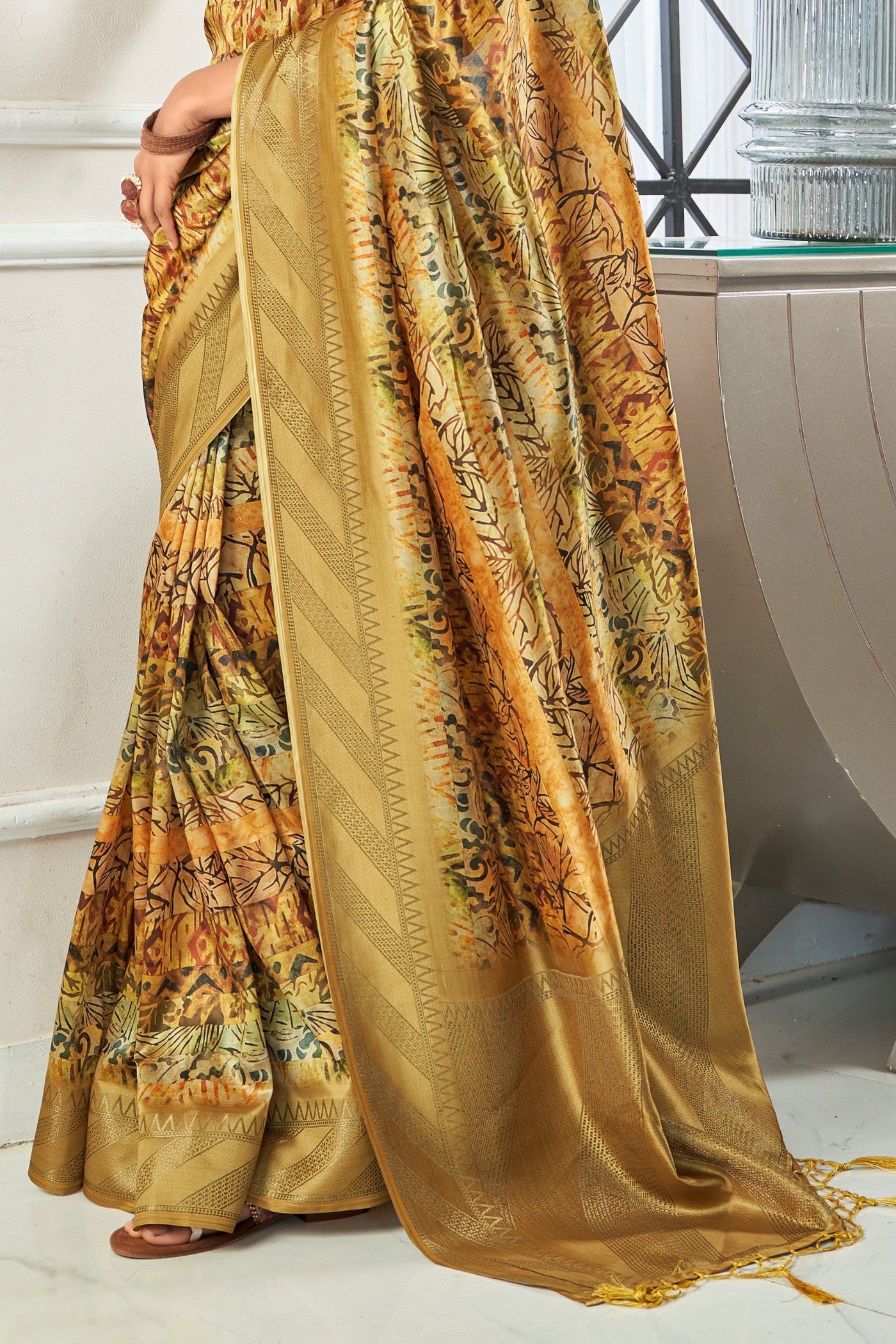 Buy MySilkLove Aztec Gold Digital Printed Banarasi Saree Online