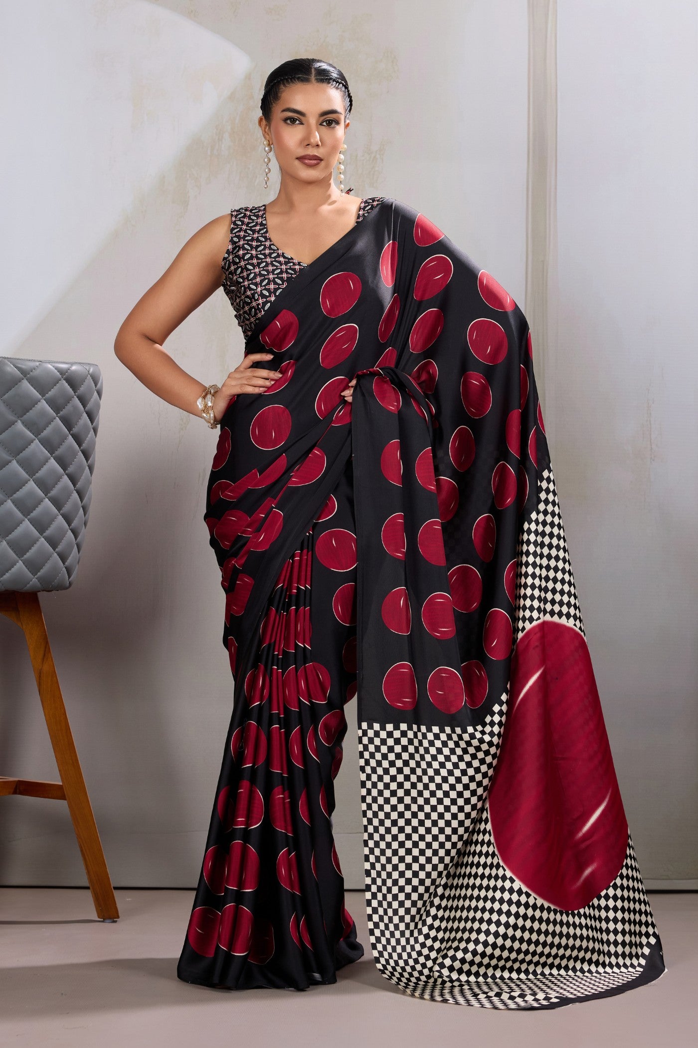 Buy MySilkLove Brink Red Printed Polka Dots Satin Crepe Saree Online