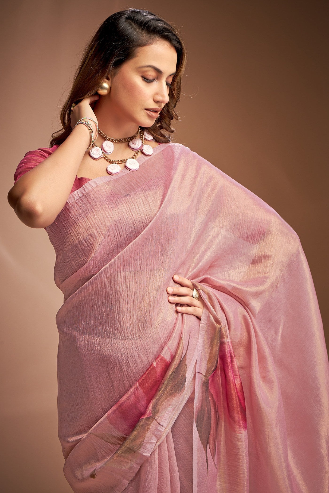 Buy MySilkLove Desert Rose Pink Printed Tissue Saree Online