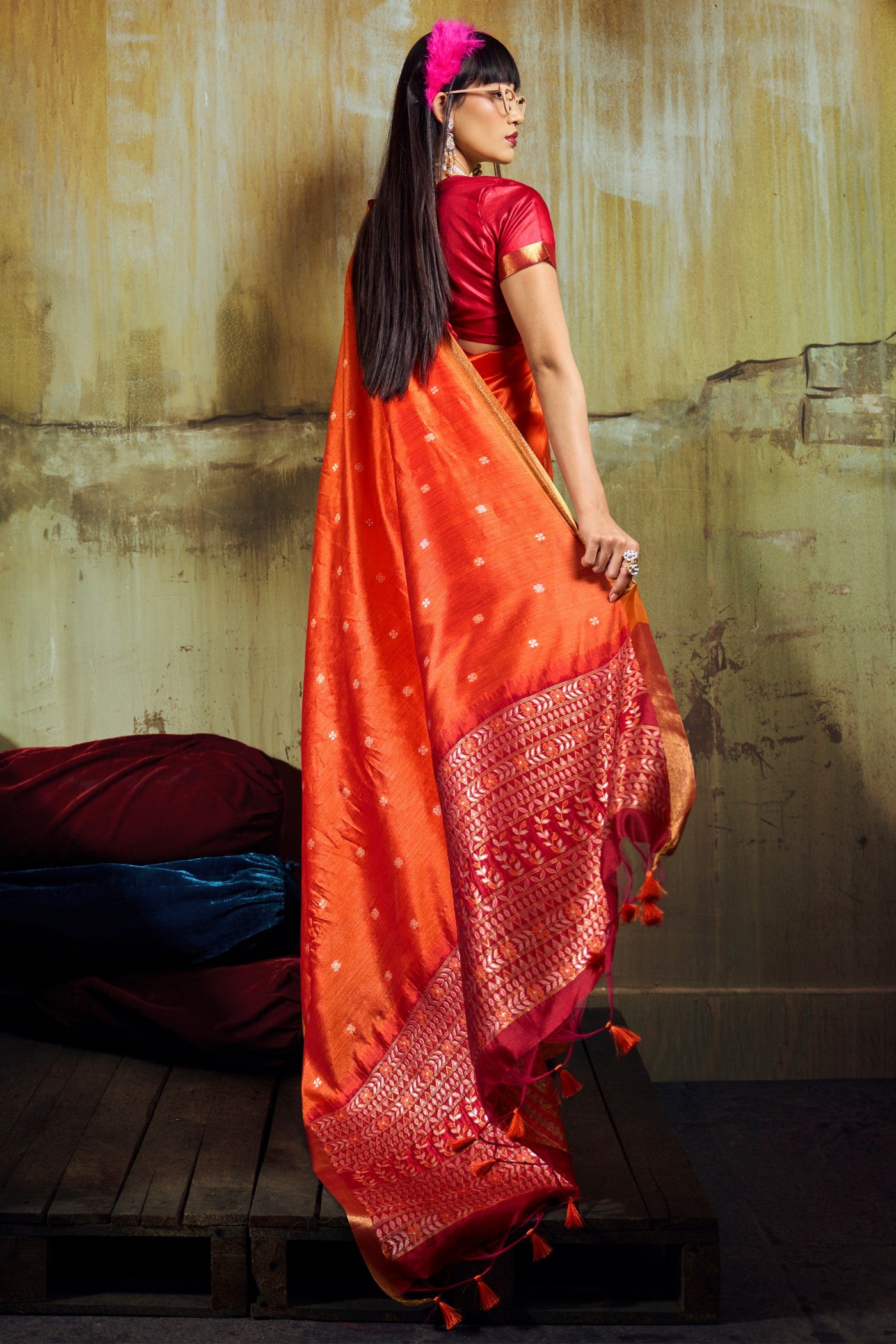 Buy MySilkLove Tangerine Orange Tussar Handloom Silk Saree Online