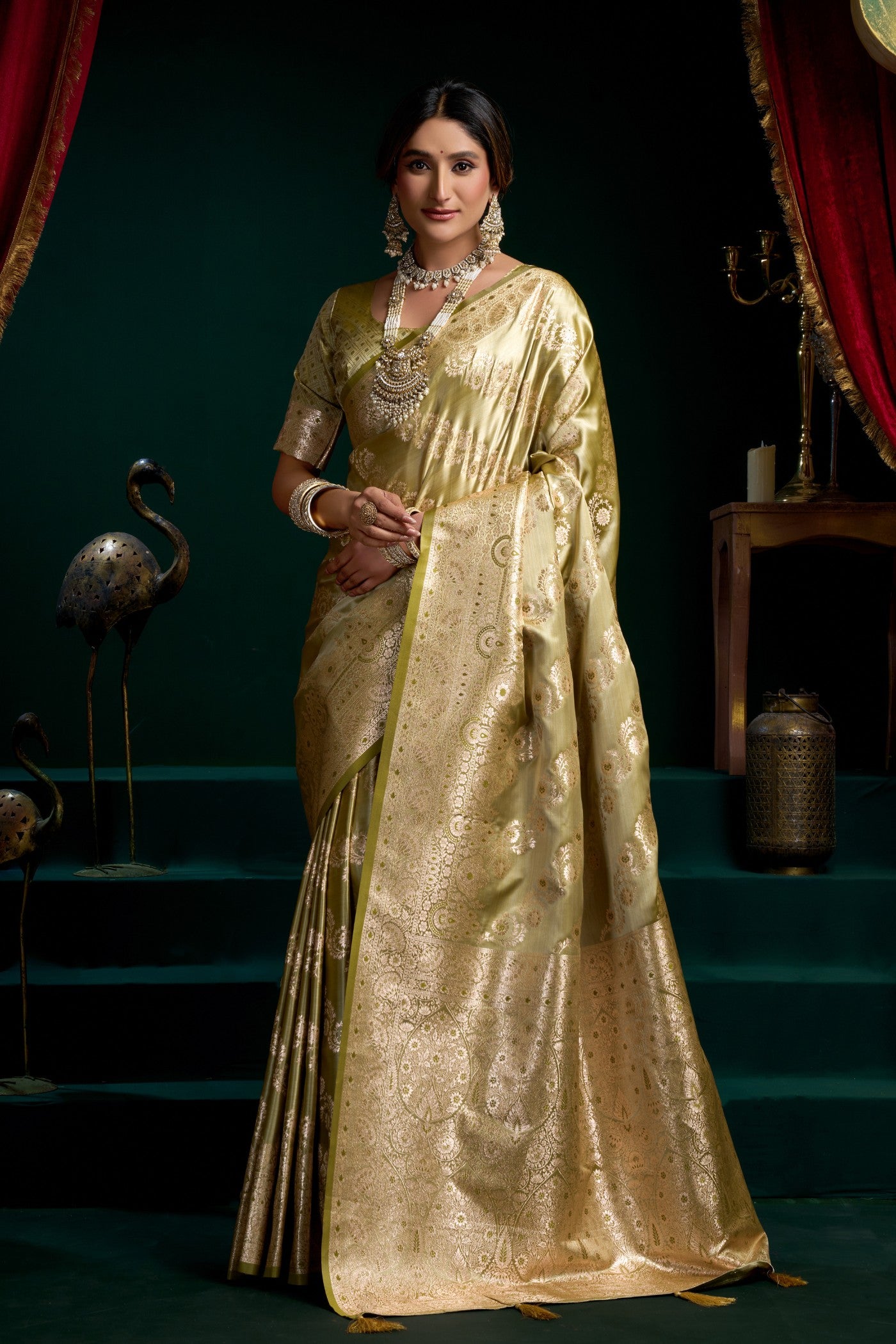 Buy MySilkLove Artichoke Green Banarasi Handloom Satin Soft Silk Saree Online