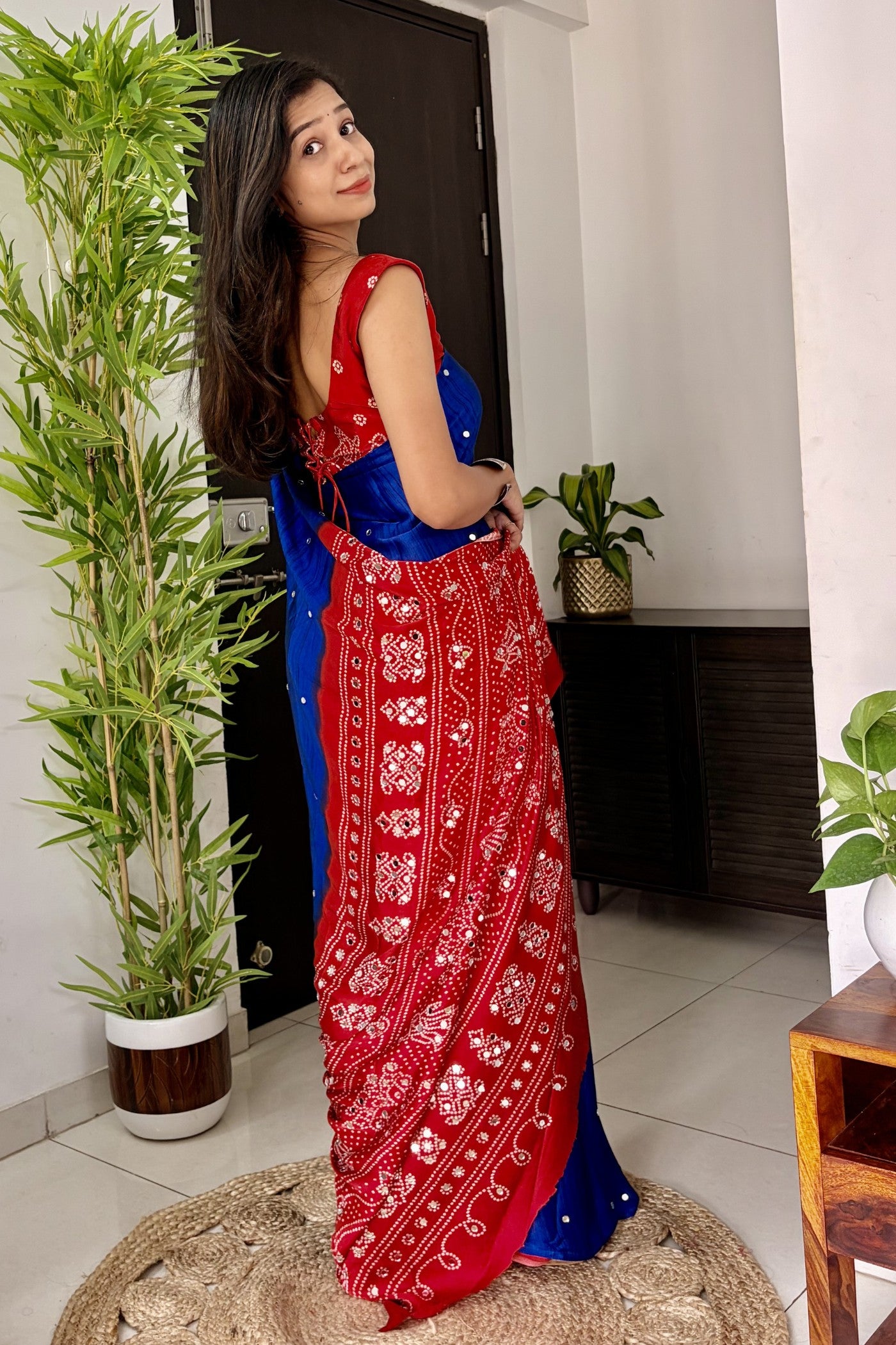 Buy MySilkLove Admiral Blue and Red Gaji Bandej Satin Soft Silk Saree Online