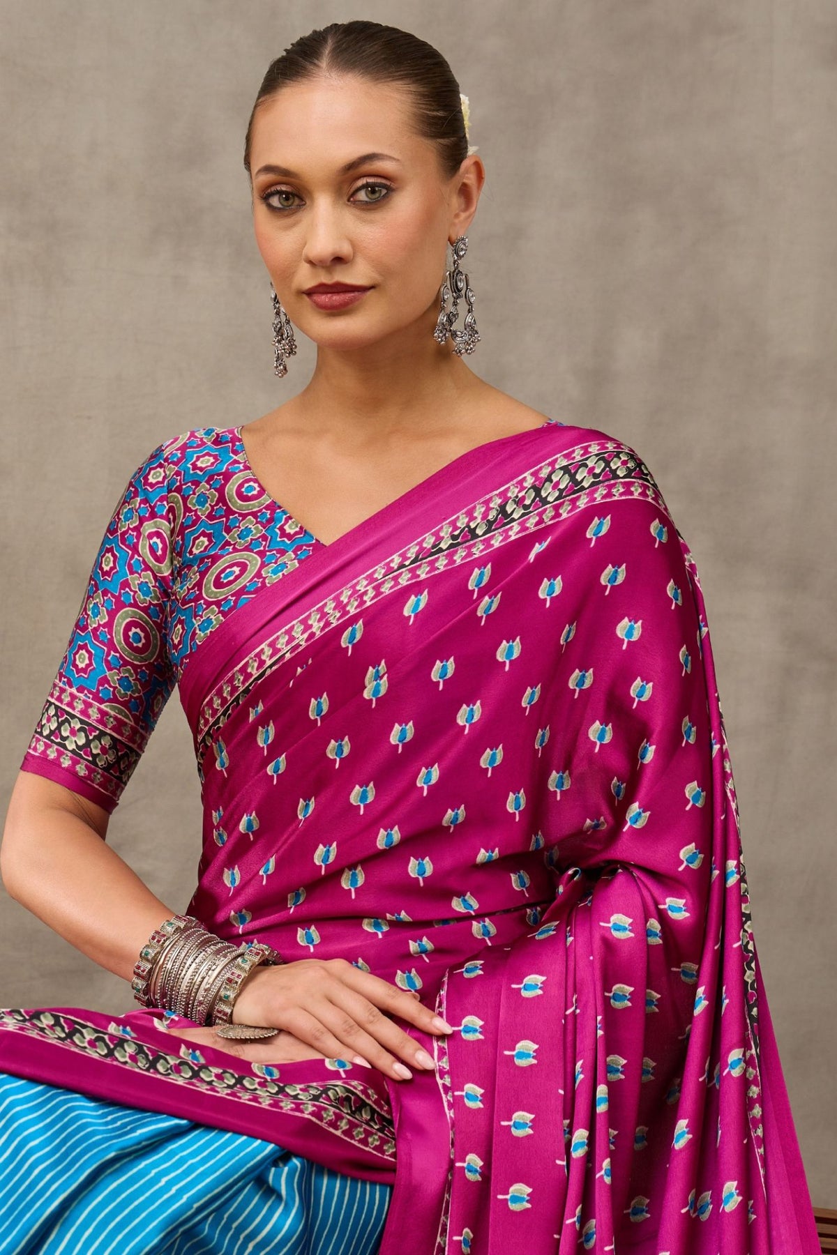 Buy MySilkLove Fuchsia Pink and Blue Modal Satin Printed Silk Saree Online