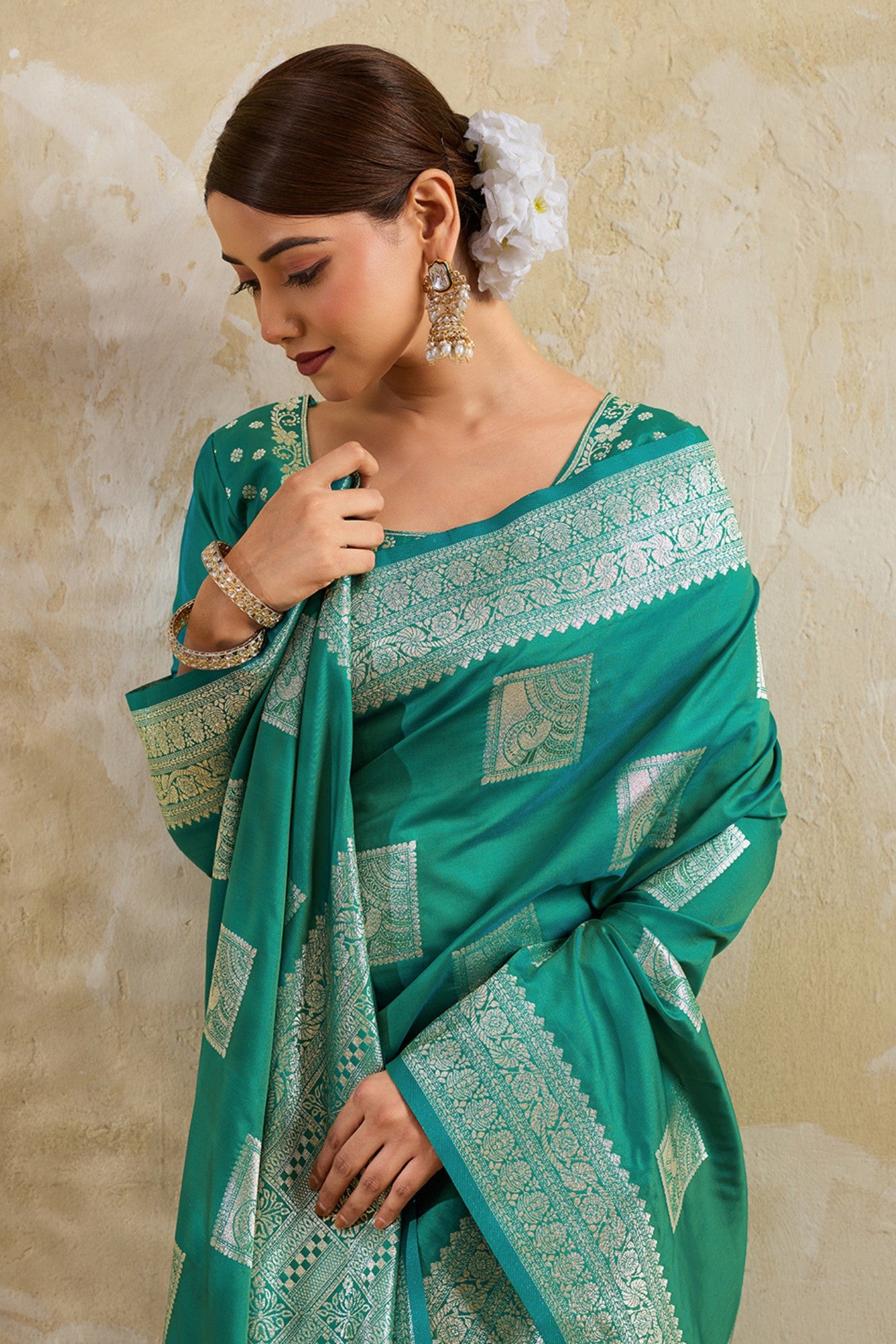 Buy MySilkLove Myrtle Green Woven Banarasi Soft Silk Saree Online